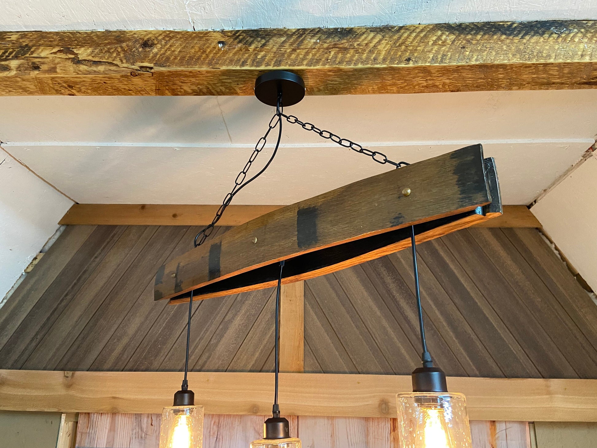 Bourbon barrel chandelier with glass shades, 3 light pendant for bar room, genuine whiskey barrel light for mancave, rustic lighting for dad