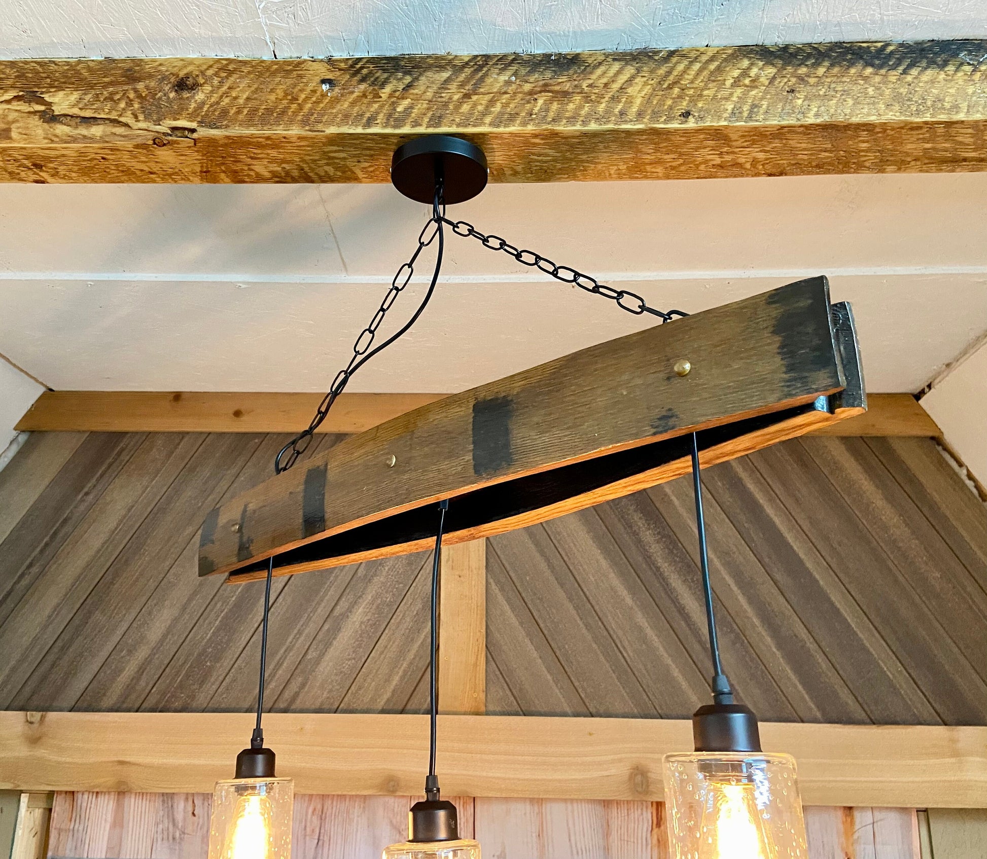 Bourbon barrel chandelier with glass shades, 3 light pendant for bar room, genuine whiskey barrel light for mancave, rustic lighting for dad