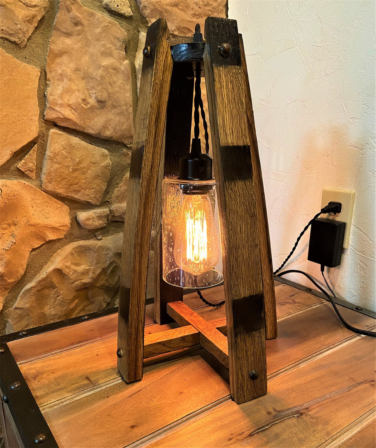 Whiskey barrel stave table lamp ideal for the whiskey lover, rustic elegance of a handcrafted light from authentic a bourbon barrel