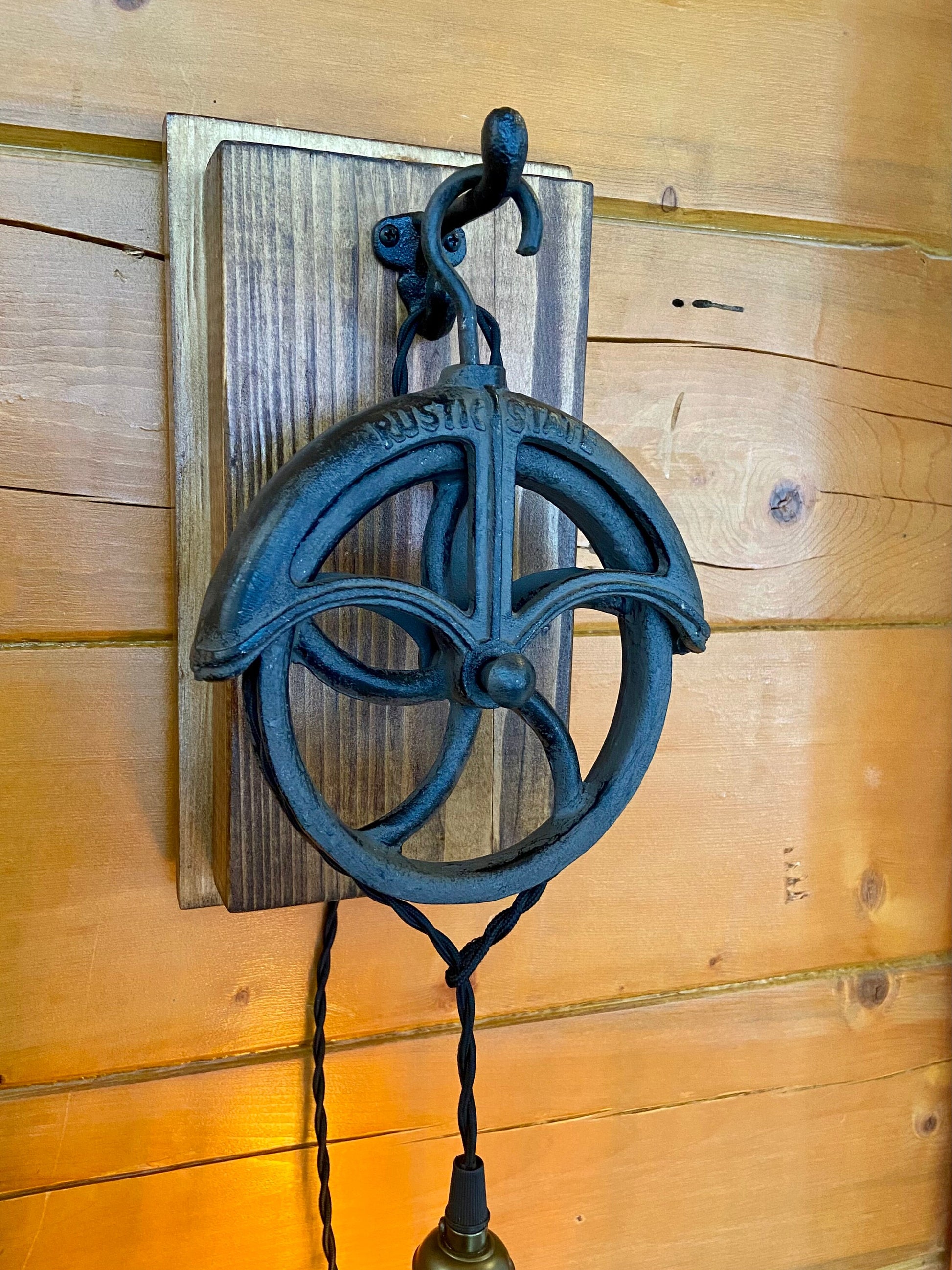 Wall sconce with vintage style pulley, charming light fixture for farmhouse decor, bar or cigar room gift for him