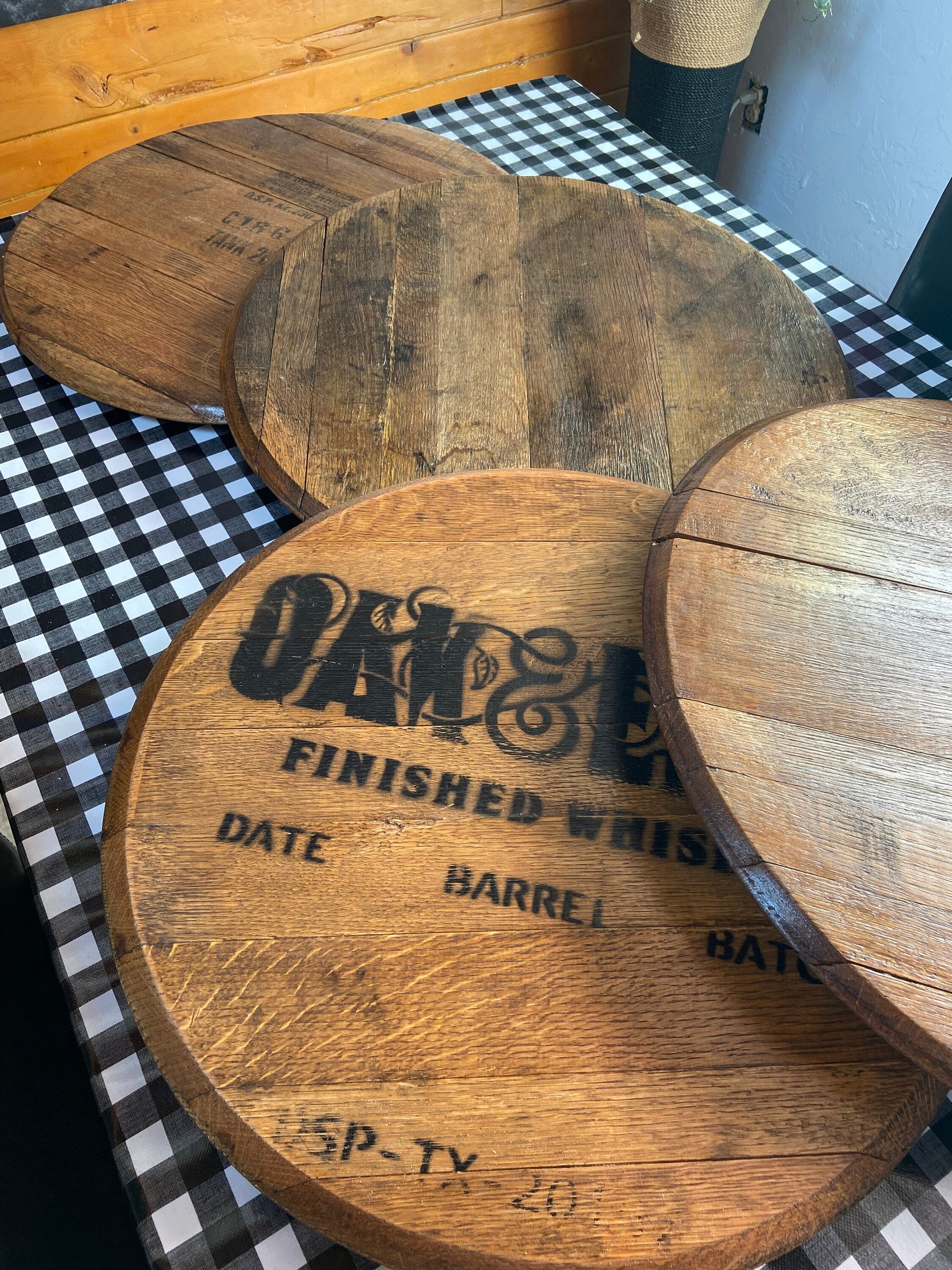 Lazy Susan crafted from genuine whiskey barrel lid, stylish bourbon barrel table center, cheese board, serving platter