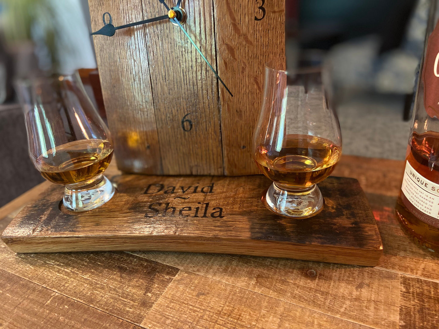 Personalized Bourbon barrel clock and Glencairn glass flight holder. Celebrate your love and timeless memories, unique Whiskey inspired gift