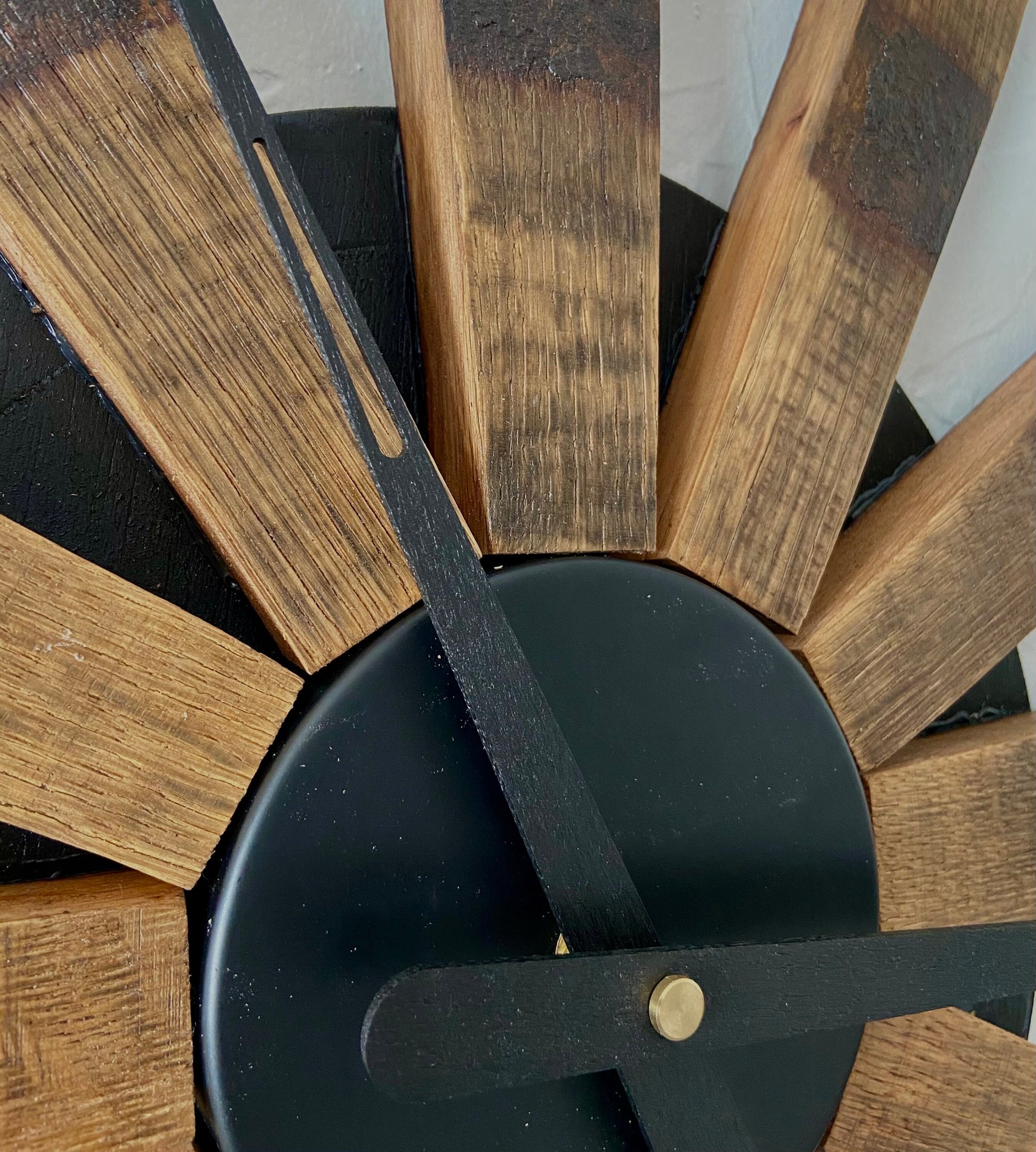 Handcrafted bourbon barrel clock made from retired whiskey barrel staves. Unique statement piece, an ideal gift for the whiskey lover