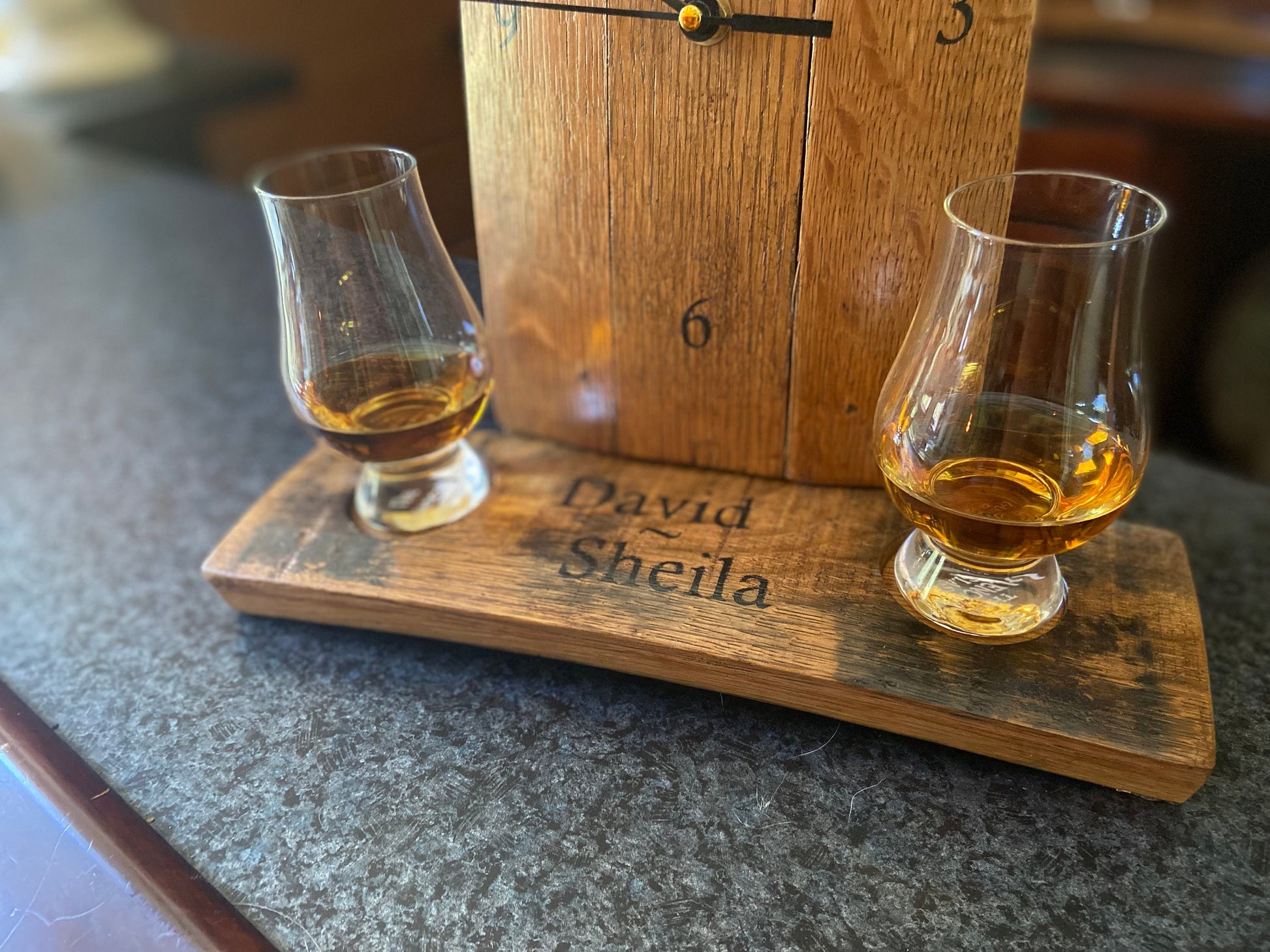 Personalized Bourbon barrel clock and Glencairn glass flight holder. Celebrate your love and timeless memories, unique Whiskey inspired gift