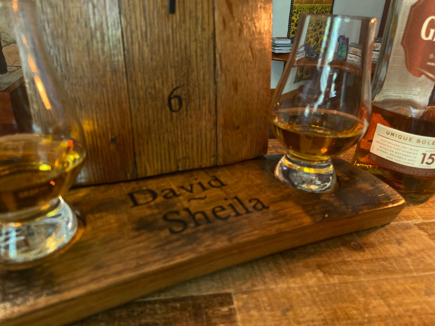 Personalized Bourbon barrel clock and Glencairn glass flight holder. Celebrate your love and timeless memories, unique Whiskey inspired gift