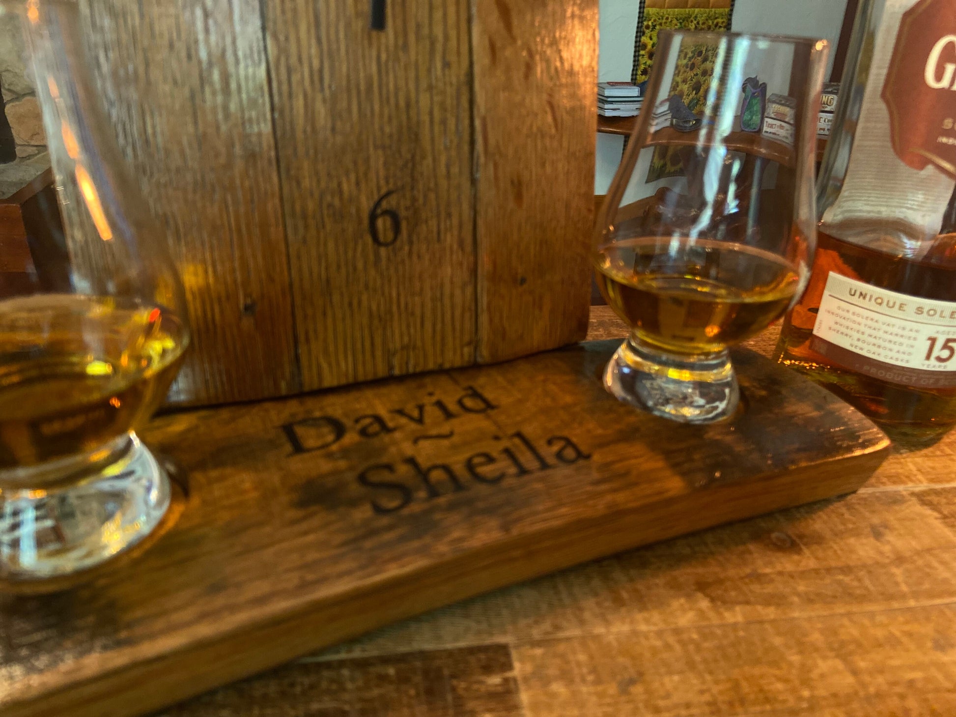 Personalized Bourbon barrel clock and Glencairn glass flight holder. Celebrate your love and timeless memories, unique Whiskey inspired gift