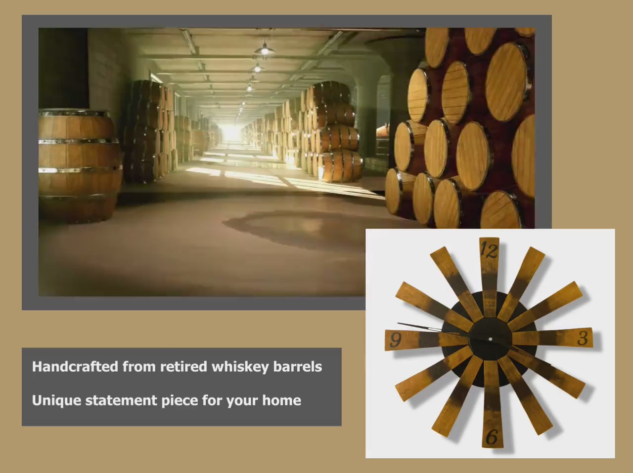 Handcrafted bourbon barrel clock made from retired whiskey barrel staves. Unique statement piece, an ideal gift for the whiskey lover