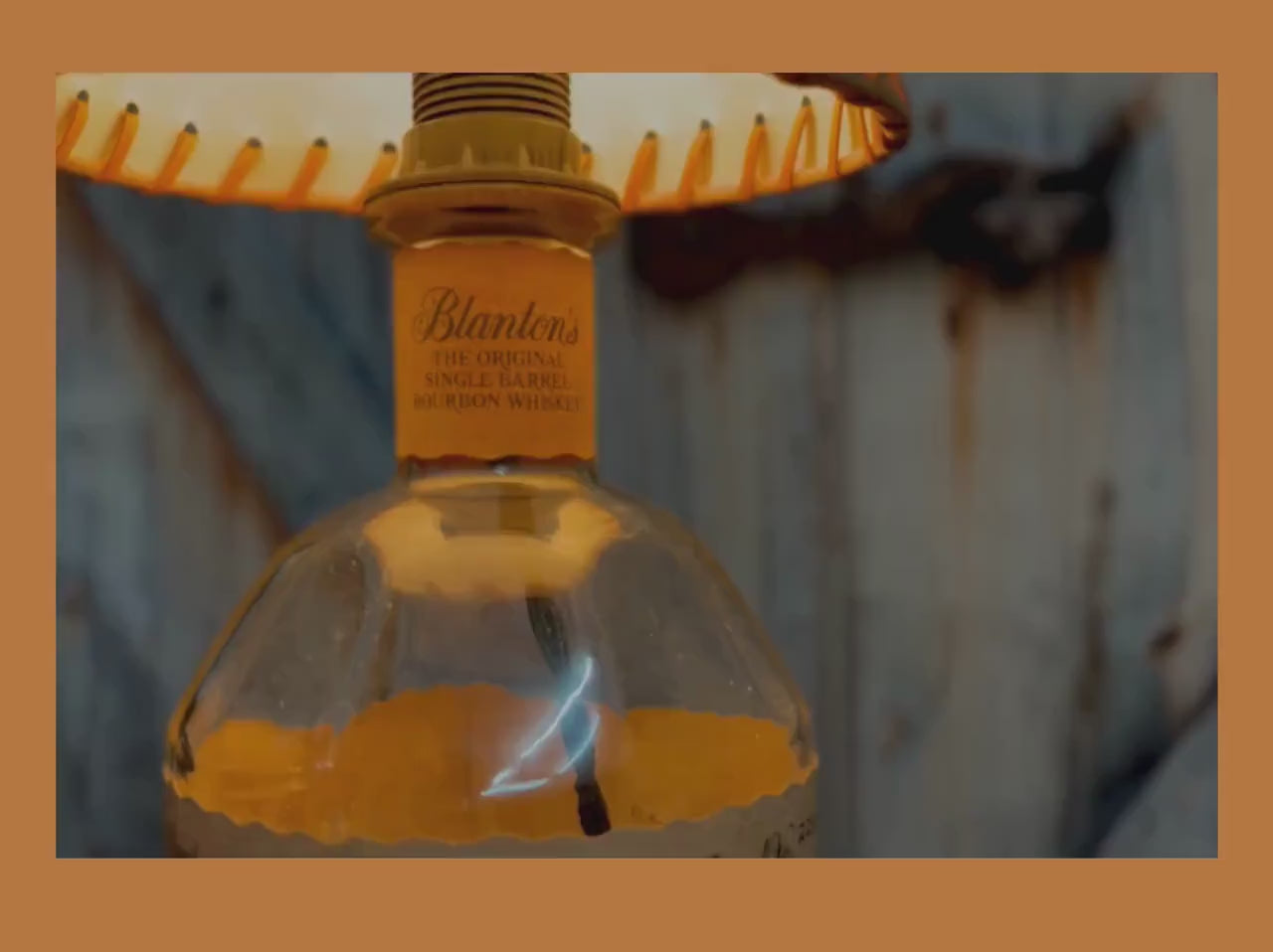 Blantons Bourbon table lamp on oak barrel lid, dimmable light with faux leather shade, perfect home bar or office gift for the whiskey lover