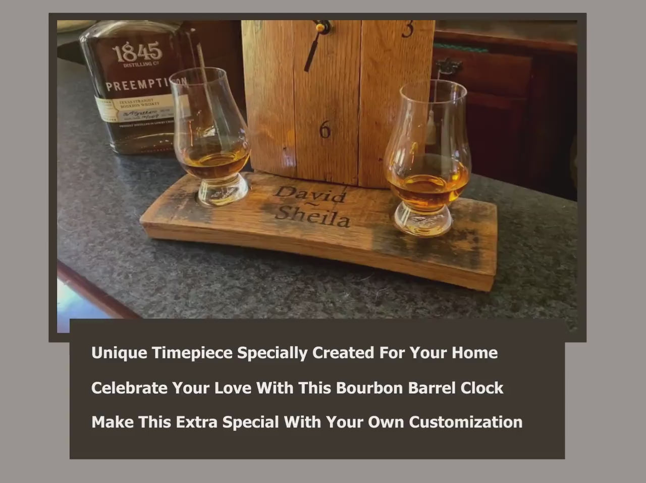 Personalized Bourbon barrel clock and Glencairn glass flight holder. Celebrate your love and timeless memories, unique Whiskey inspired gift