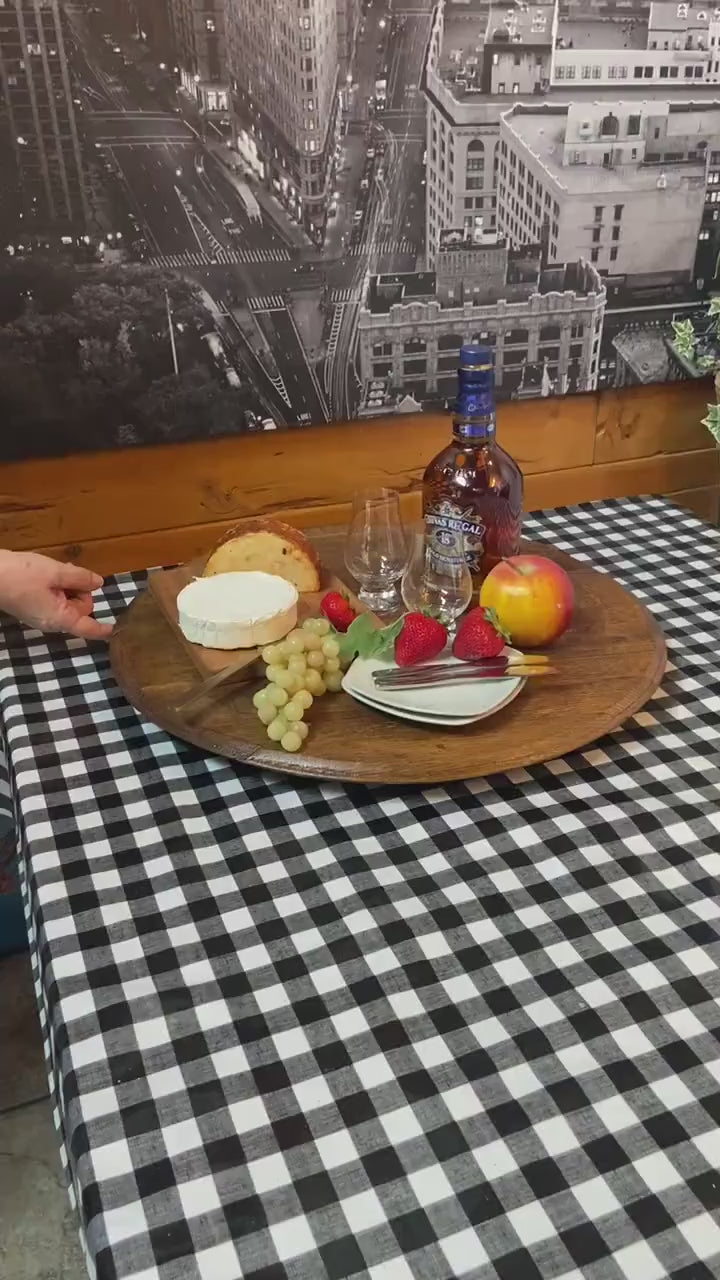 Lazy Susan crafted from genuine whiskey barrel lid, stylish bourbon barrel table center, cheese board, serving platter
