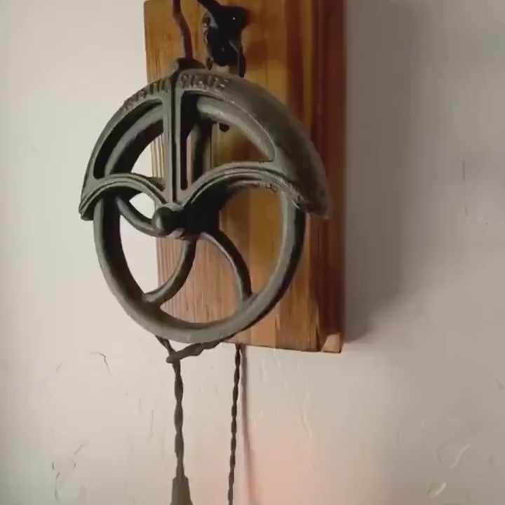Wall sconce with vintage style pulley, charming light fixture for farmhouse decor, bar or cigar room gift for him
