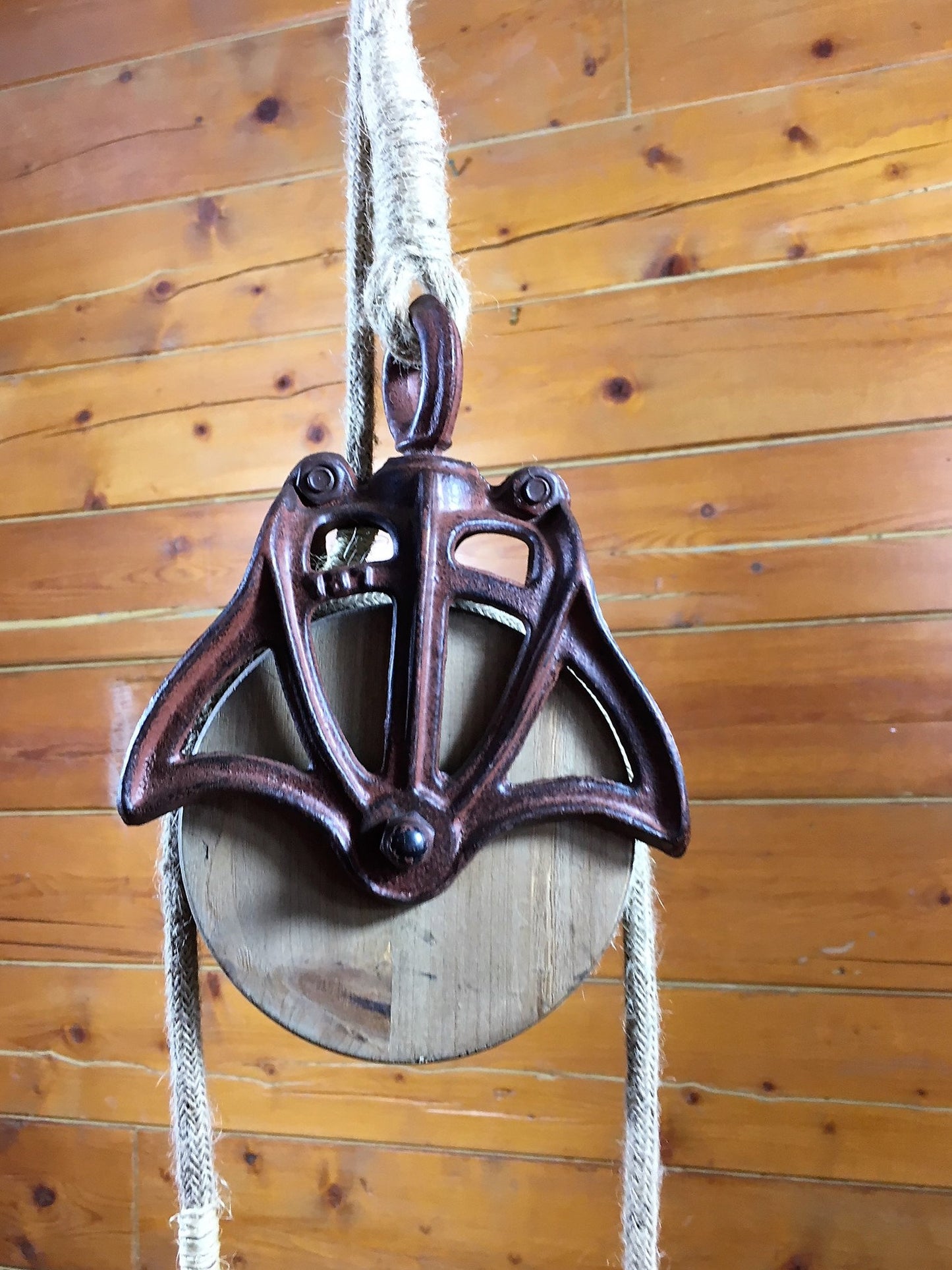Rustic farmhouse pulley lighting, pendant light with antique pulley for cabin decor, repurposed vintage pulley for kitchen / dining room