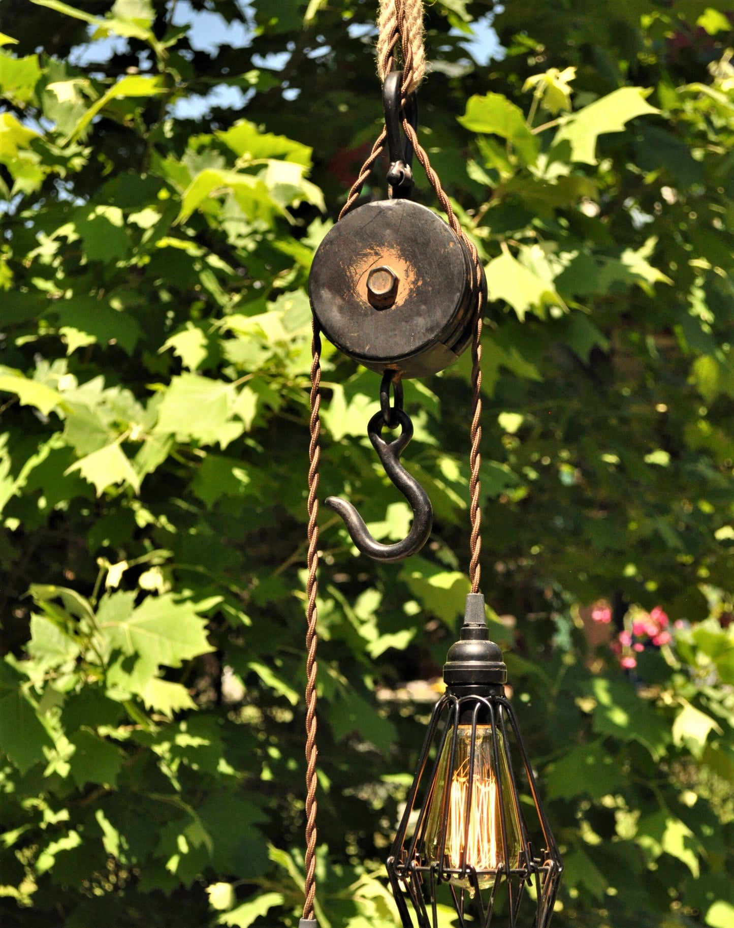 Pendant light for rustic decor, farmhouse kitchen light made with metal pulley, perfect blend of industrial and rustic charm
