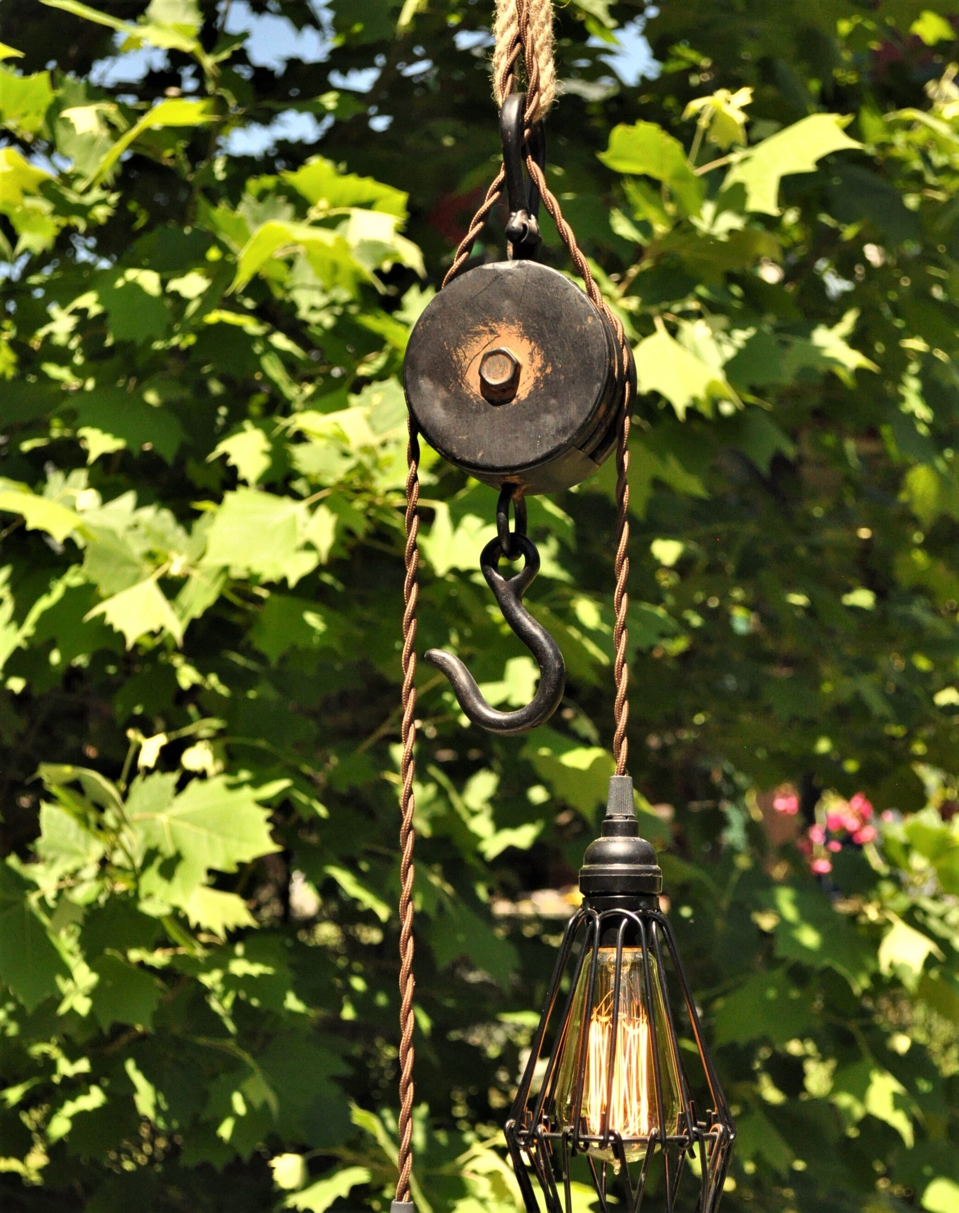 Pendant light for rustic decor, farmhouse kitchen light made with metal pulley, perfect blend of industrial and rustic charm
