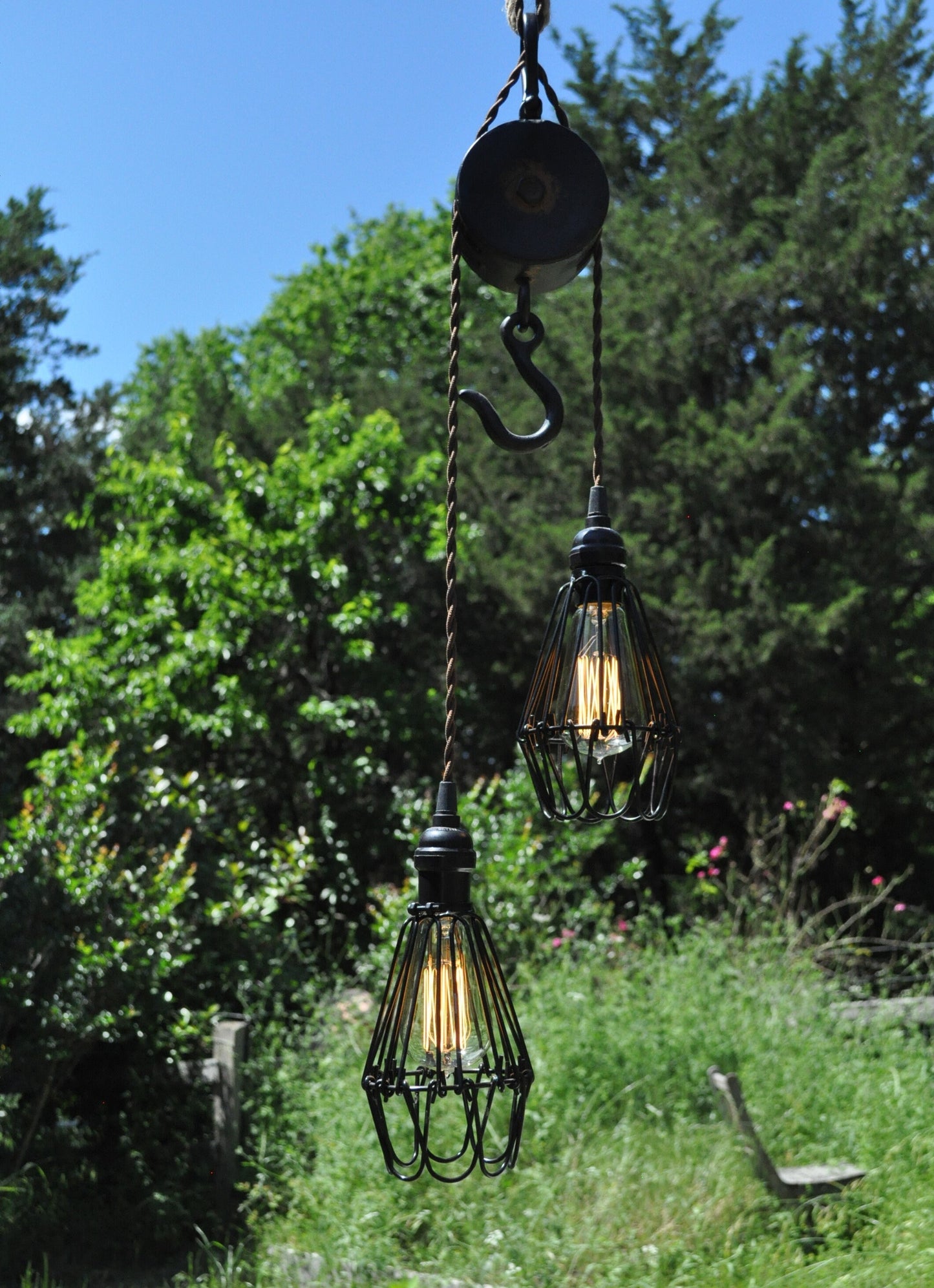 Pendant light for rustic decor, farmhouse kitchen light made with metal pulley, perfect blend of industrial and rustic charm
