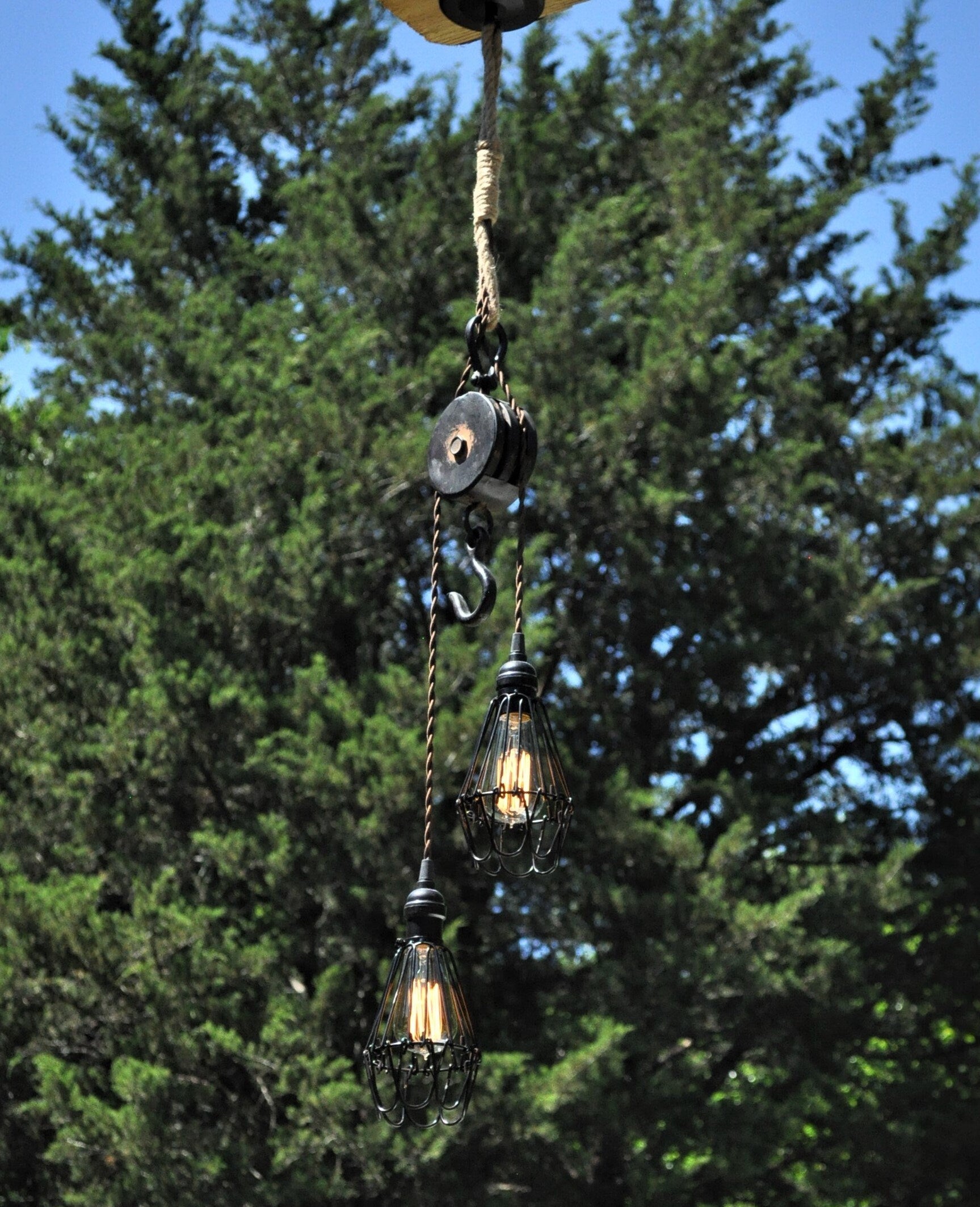 Pendant light for rustic decor, farmhouse kitchen light made with metal pulley, perfect blend of industrial and rustic charm