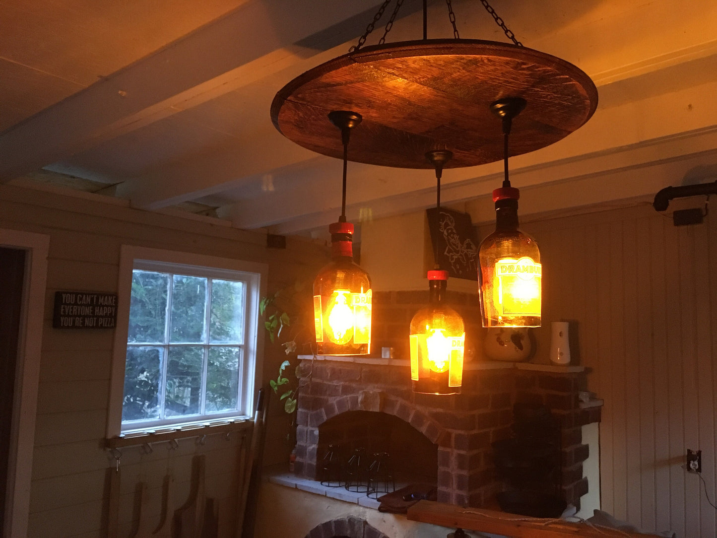 Bourbon barrel ceiling light with liquor bottles, speakeasy or cigar room chandelier from genuine barrel head ideal for the whiskey lover