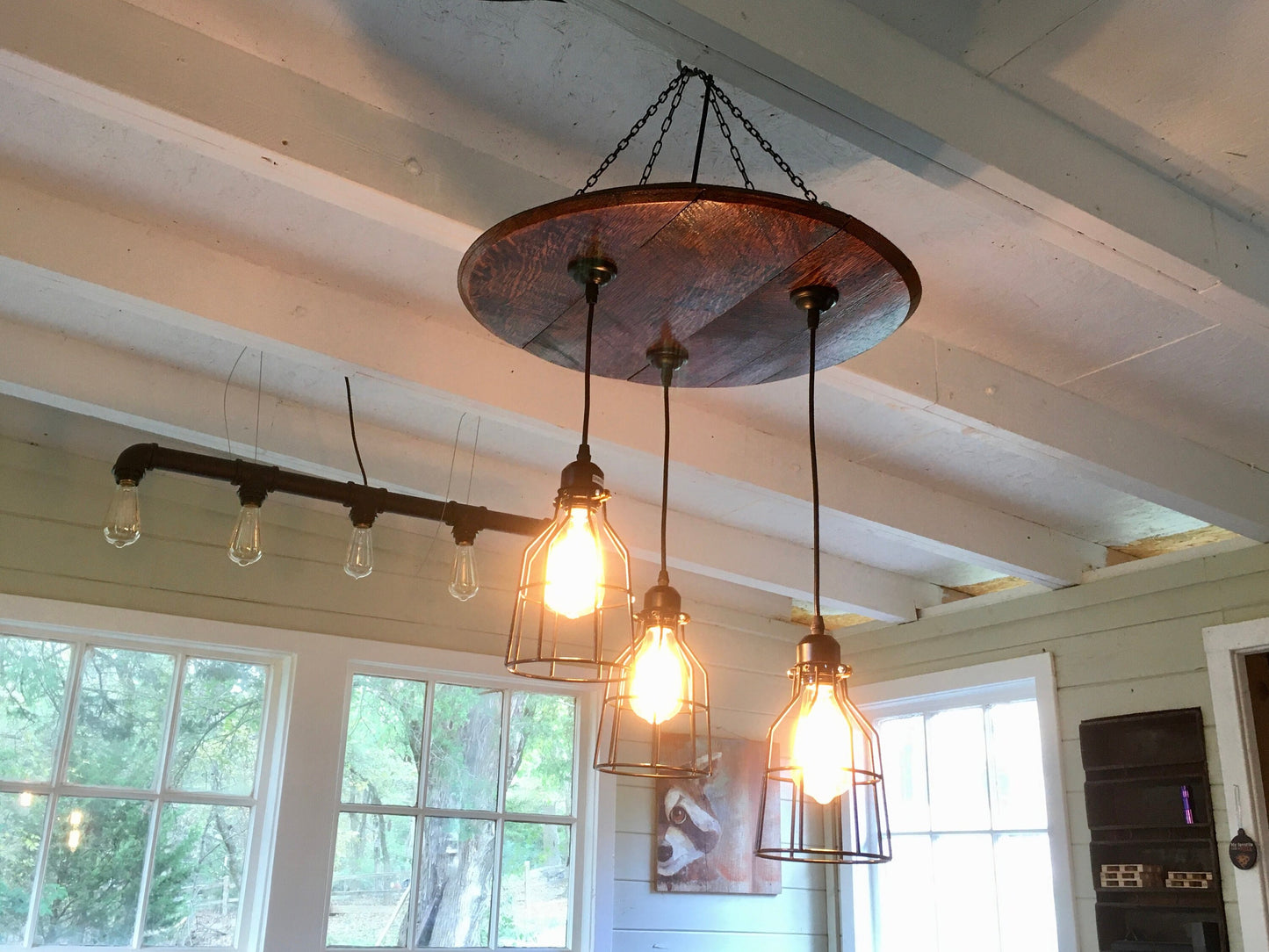 Bourbon barrel ceiling light with liquor bottles, speakeasy or cigar room chandelier from genuine barrel head ideal for the whiskey lover