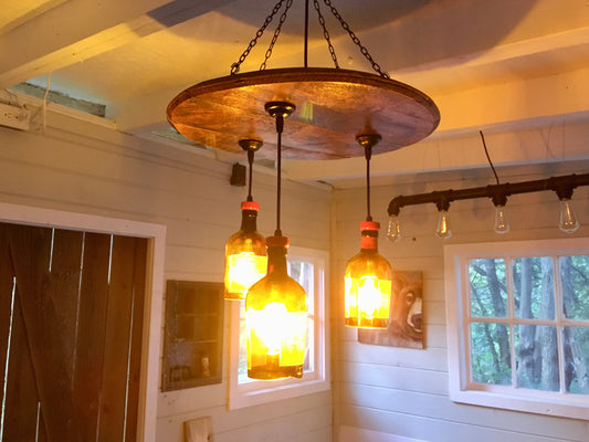 Bourbon barrel ceiling light with liquor bottles, speakeasy or cigar room chandelier from genuine barrel head ideal for the whiskey lover