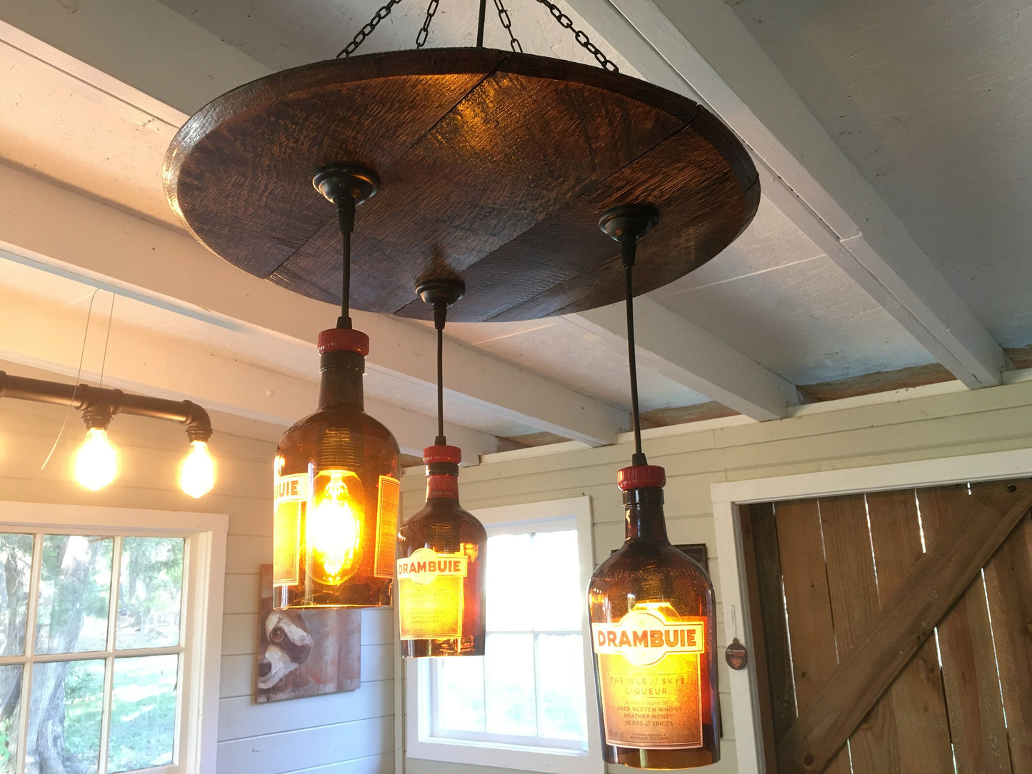Bourbon barrel ceiling light with liquor bottles, speakeasy or cigar room chandelier from genuine barrel head ideal for the whiskey lover