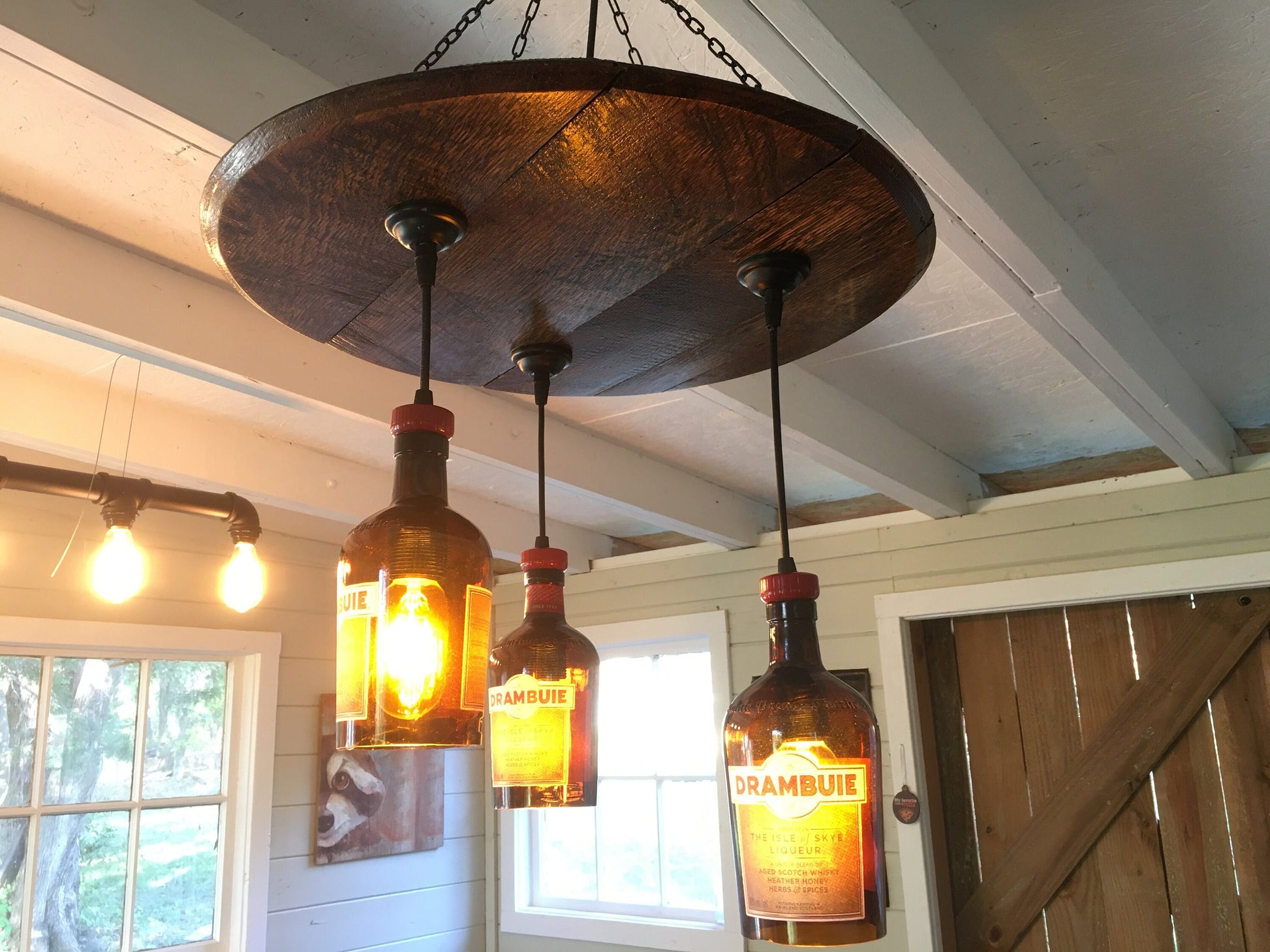 Bourbon barrel ceiling light with liquor bottles, speakeasy or cigar room chandelier from genuine barrel head ideal for the whiskey lover
