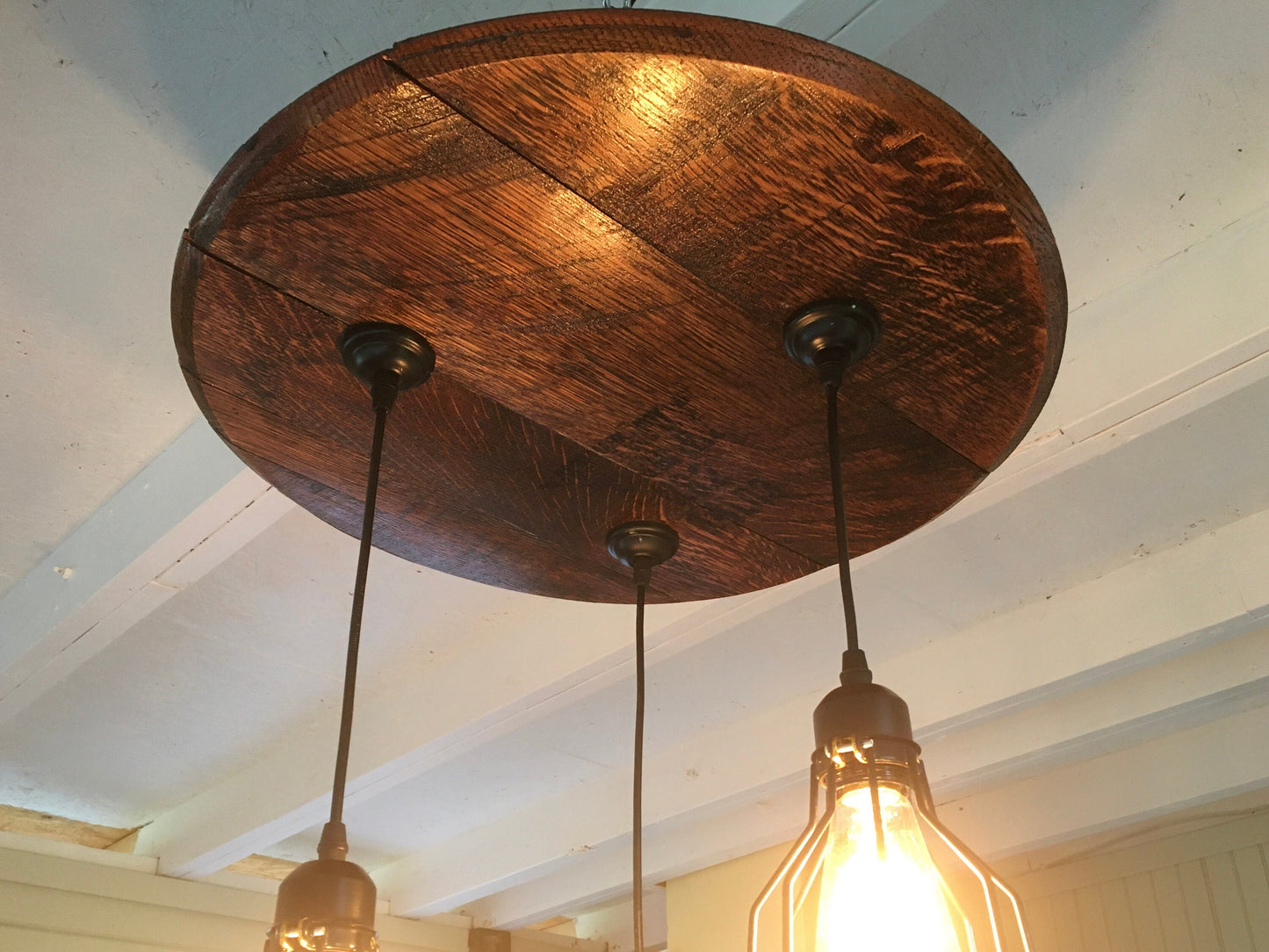 Bourbon barrel ceiling light with liquor bottles, speakeasy or cigar room chandelier from genuine barrel head ideal for the whiskey lover