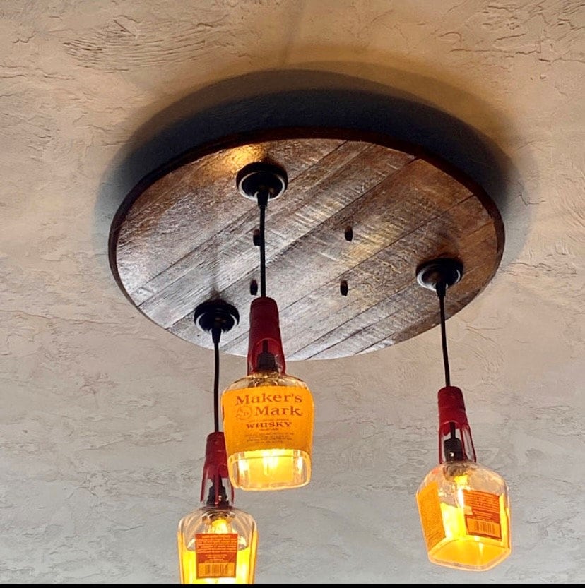 Bourbon barrel ceiling light with liquor bottles, speakeasy or cigar room chandelier from genuine barrel head ideal for the whiskey lover