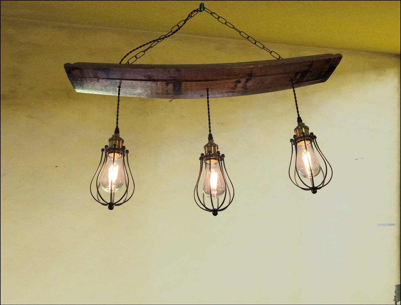Whiskey barrel chandelier, ideal for mancave or cigar room, unique ceiling pendant from authentic bourbon barrels, adds warmth and character