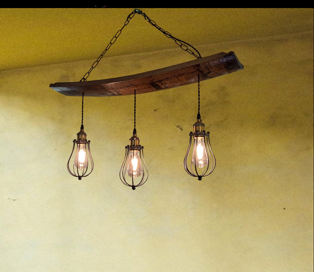 Whiskey barrel chandelier, ideal for mancave or cigar room, unique ceiling pendant from authentic bourbon barrels, adds warmth and character