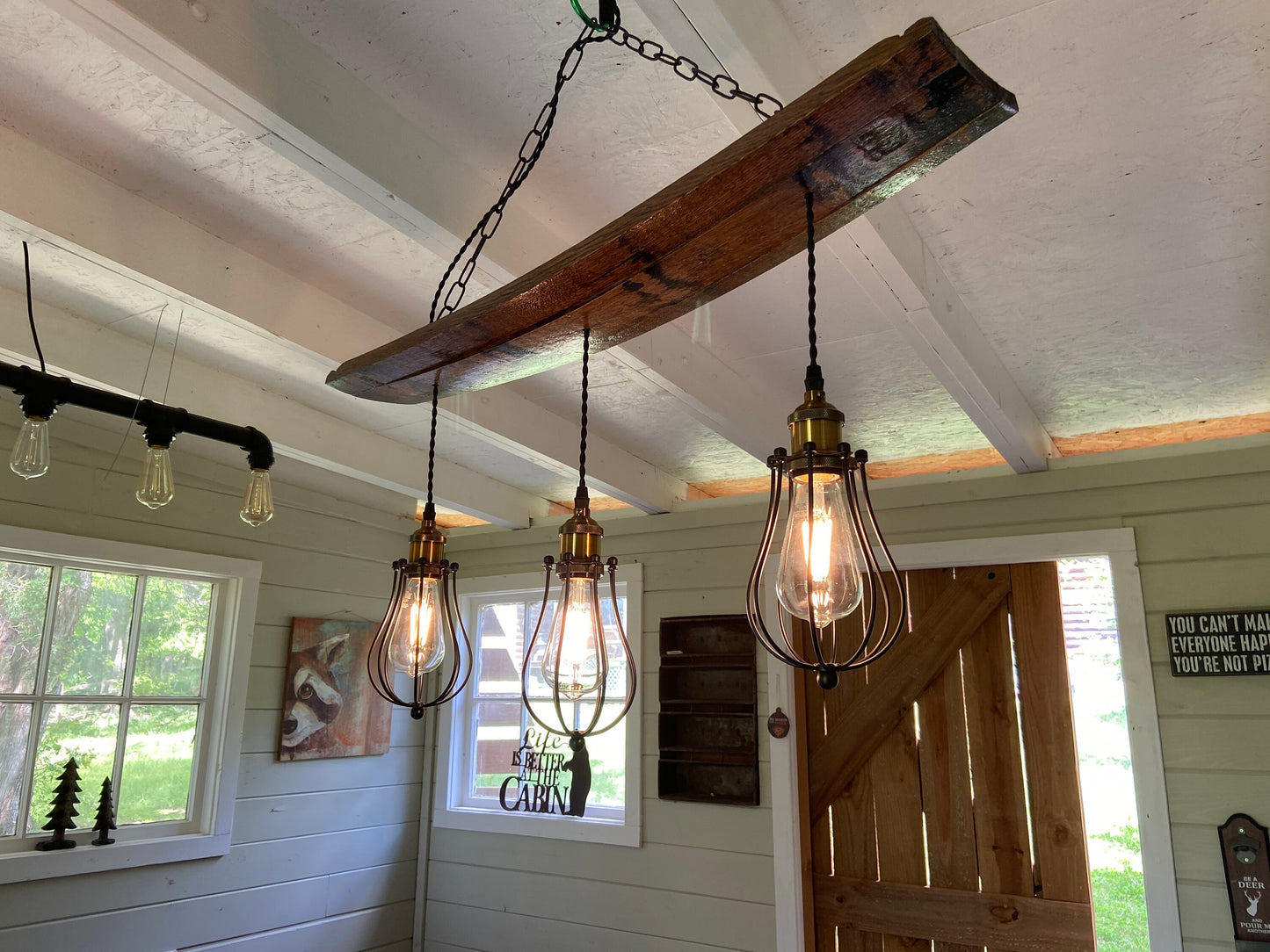 Whiskey barrel chandelier, ideal for mancave or cigar room, unique ceiling pendant from authentic bourbon barrels, adds warmth and character