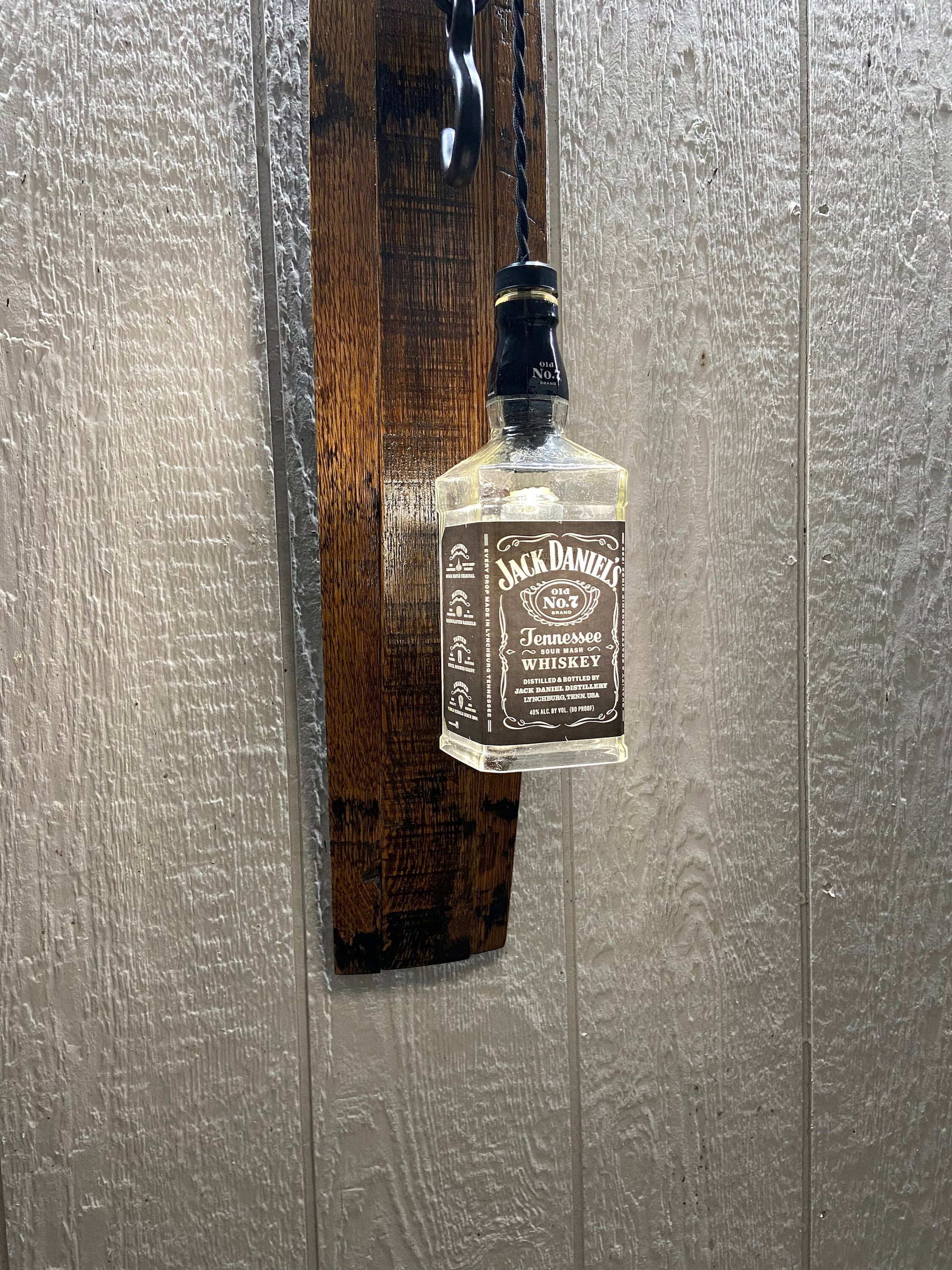 Sconce light features Jack Daniels bottle, whiskey barrel wall light for bar room or mancave, bourbon lovers gift with metal pulley