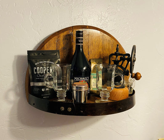 Illuminated coffee lovers display shelf perfect for kitchen or dining room, handcrafted from Kentucky bourbon barrel for glasses spices, tea