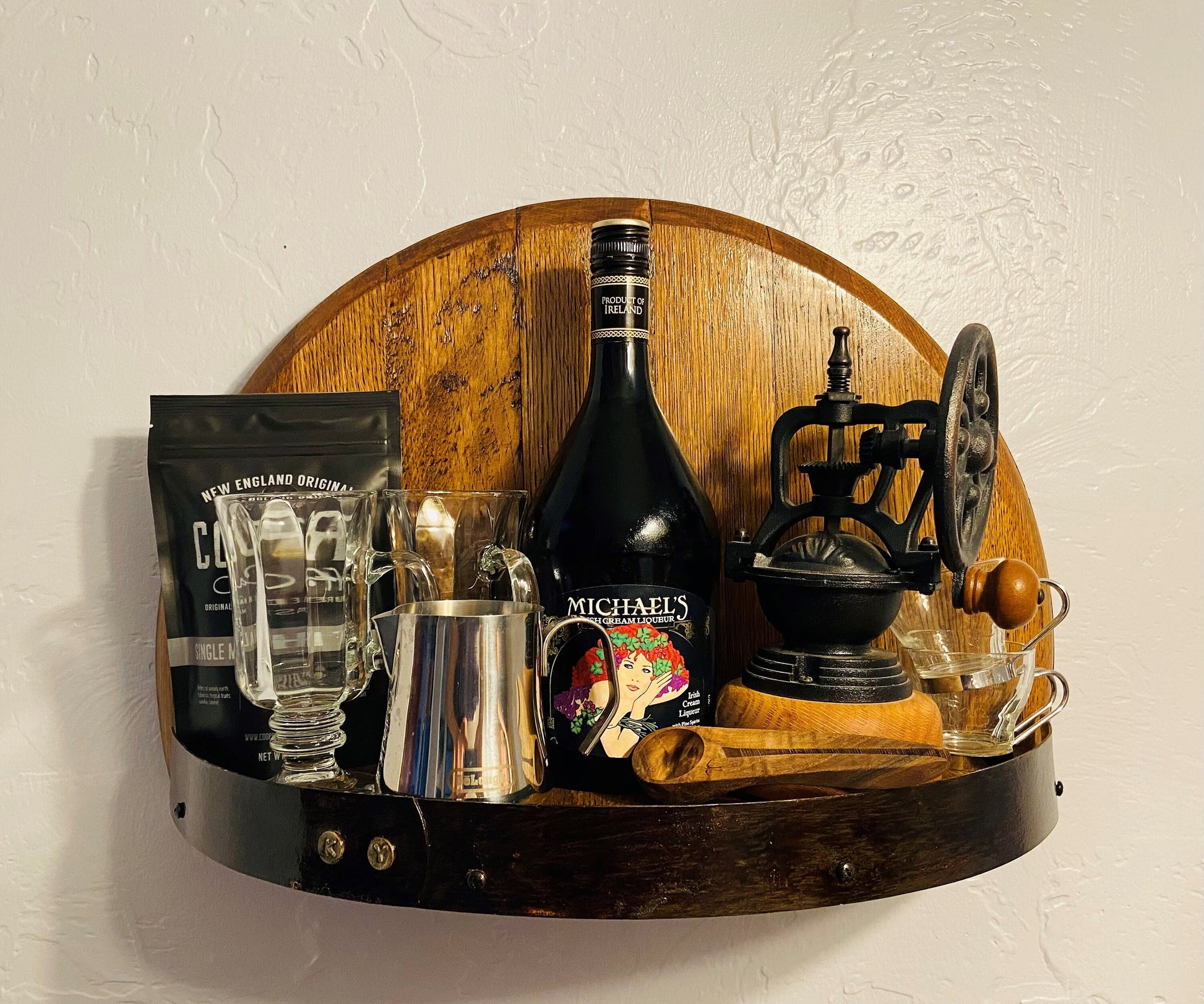 Illuminated coffee lovers display shelf perfect for kitchen or dining room, handcrafted from Kentucky bourbon barrel for glasses spices, tea