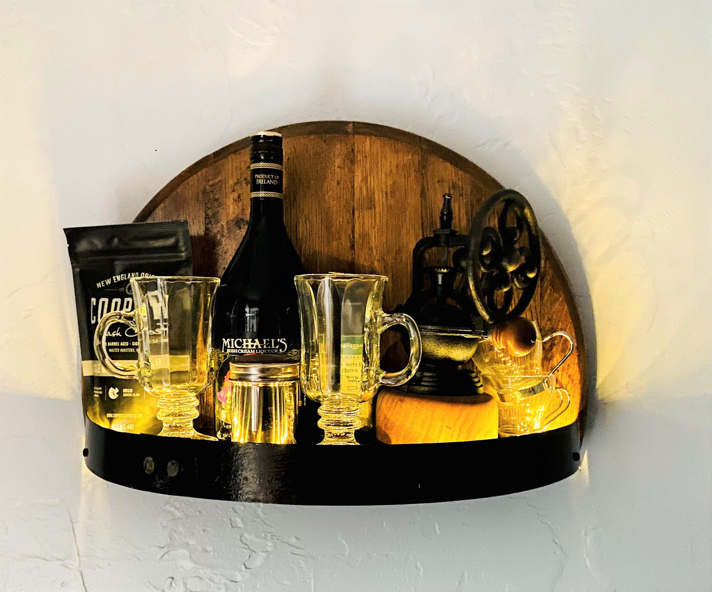Illuminated coffee lovers display shelf perfect for kitchen or dining room, handcrafted from Kentucky bourbon barrel for glasses spices, tea