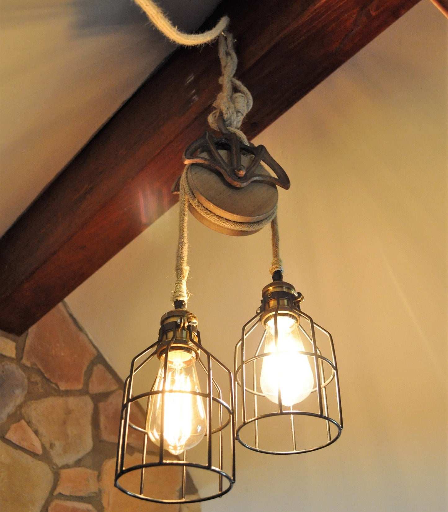 Rustic farmhouse pulley lighting, pendant light with antique pulley for cabin decor, repurposed vintage pulley for kitchen / dining room