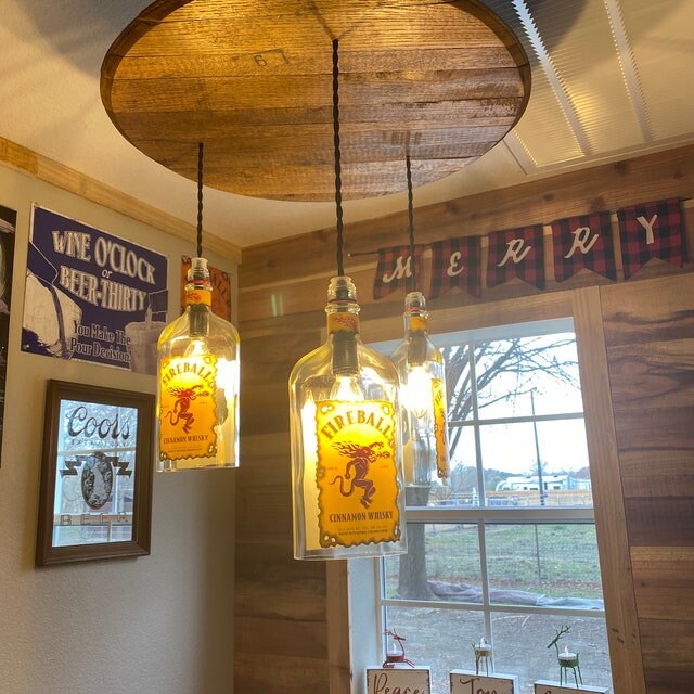 Bourbon barrel ceiling light with liquor bottles, speakeasy or cigar room chandelier from genuine barrel head ideal for the whiskey lover