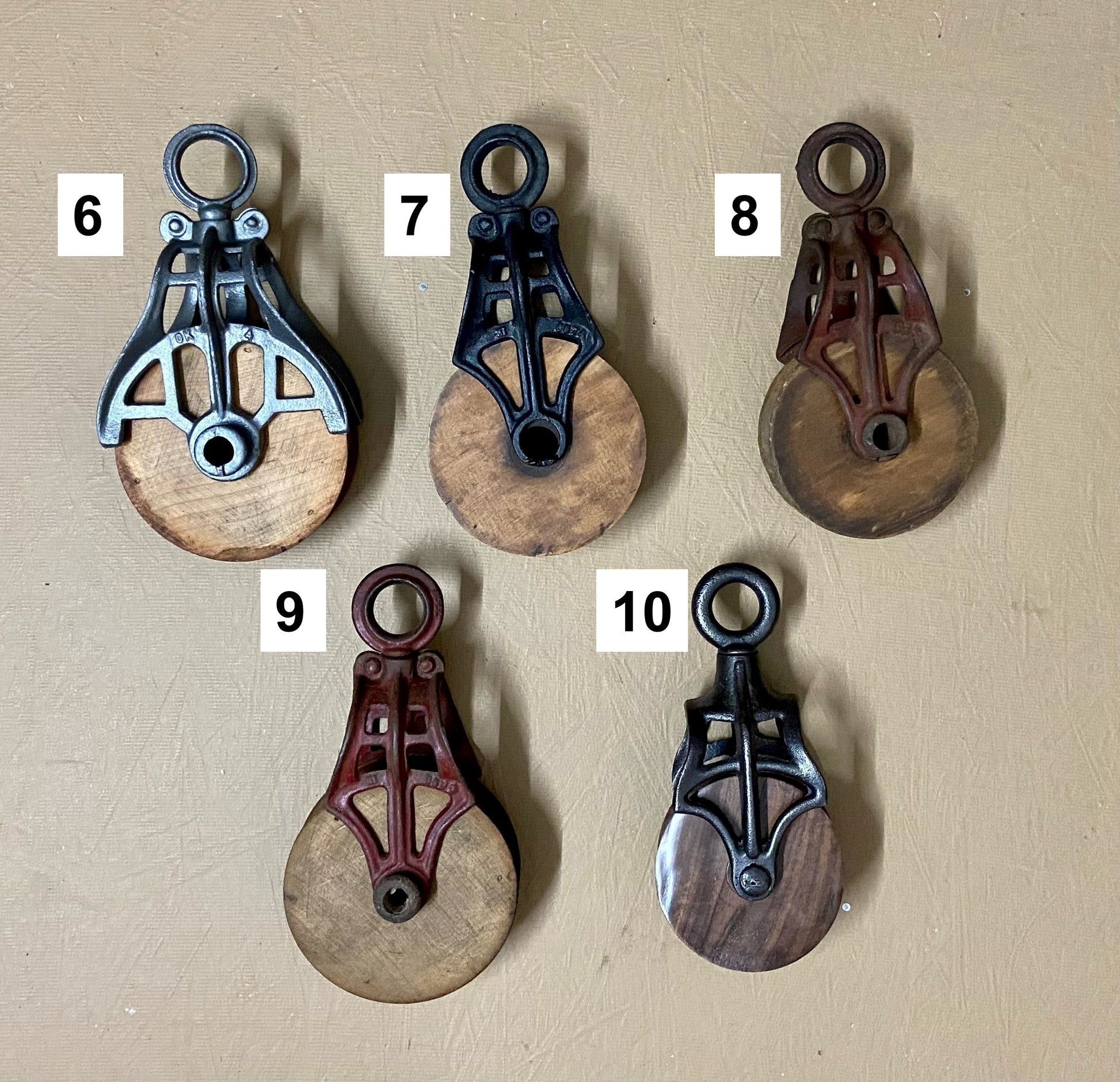 Rustic farmhouse pulley lighting, pendant light with antique pulley for cabin decor, repurposed vintage pulley for kitchen / dining room