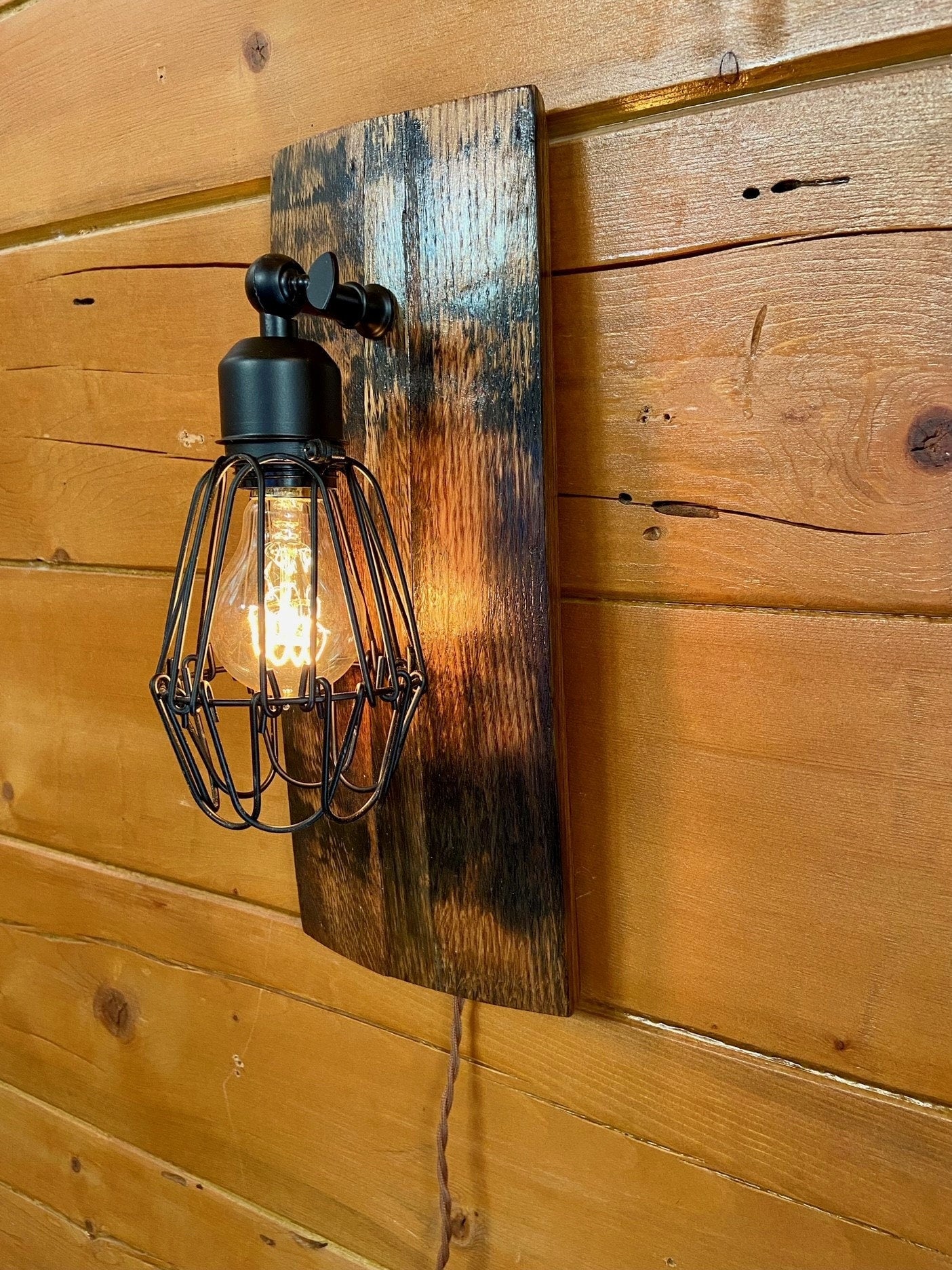 Small whiskey barrel sconce light fixture, rustic wall light for bar room, bourbon barrel stave for farmhouse decor, cigar room lighting