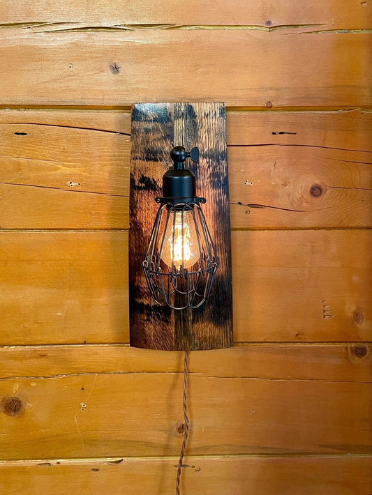 Small whiskey barrel sconce light fixture, rustic wall light for bar room, bourbon barrel stave for farmhouse decor, cigar room lighting