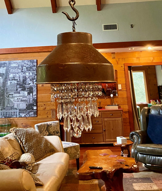 Rustic pendant light made from a vintage milk strainer, a touch of farmhouse glam for the kitchen with crystal chandelier insert