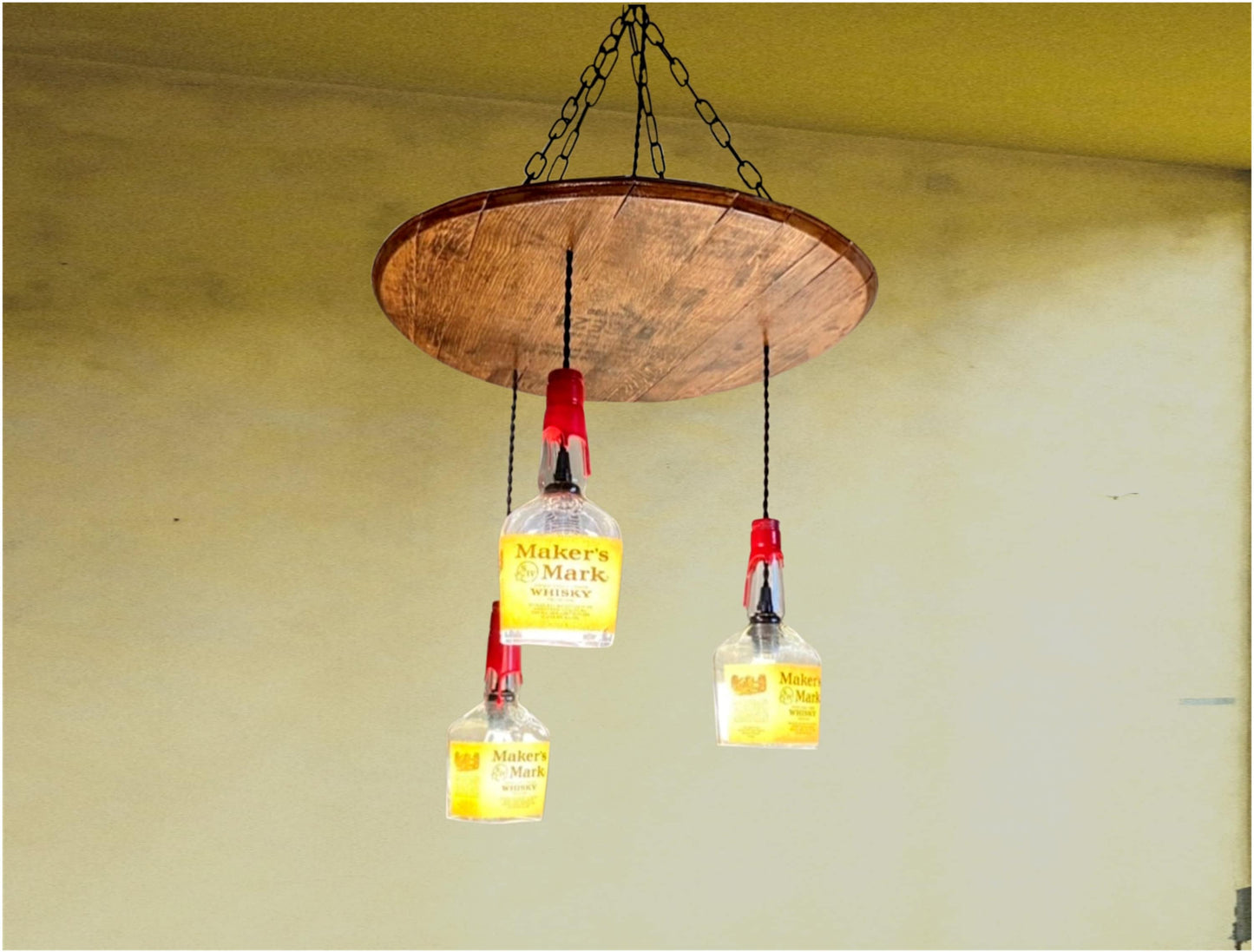 Bourbon barrel ceiling light with liquor bottles, speakeasy or cigar room chandelier from genuine barrel head ideal for the whiskey lover