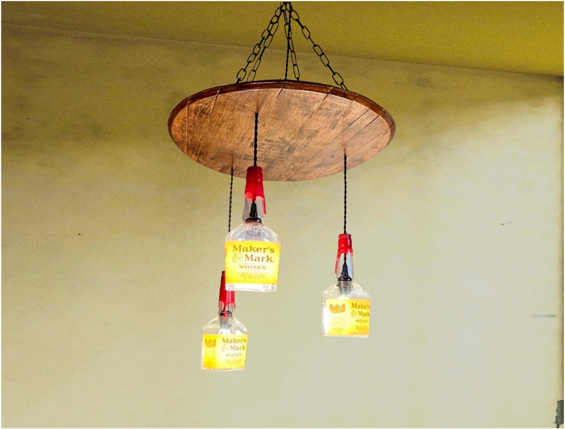 Bourbon barrel ceiling light with liquor bottles, speakeasy or cigar room chandelier from genuine barrel head ideal for the whiskey lover