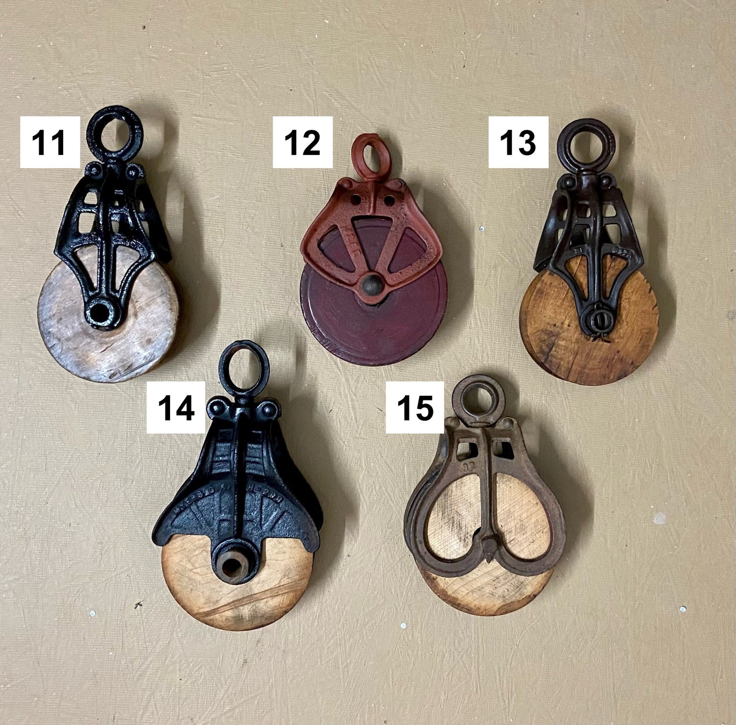 Rustic farmhouse pulley lighting, pendant light with antique pulley for cabin decor, repurposed vintage pulley for kitchen / dining room