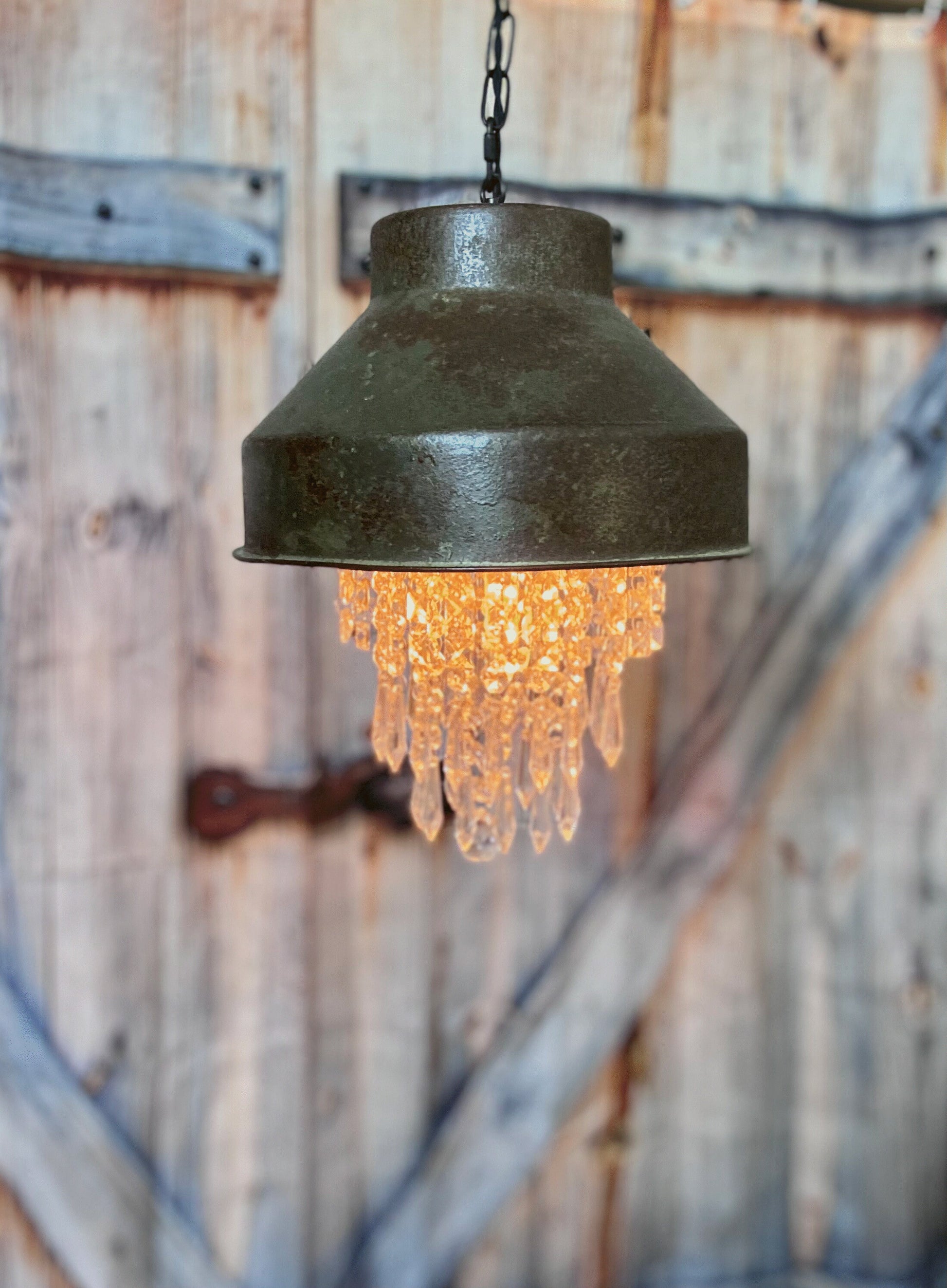 Rustic pendant light made from a vintage milk strainer, a touch of farmhouse glam for the kitchen with crystal chandelier insert