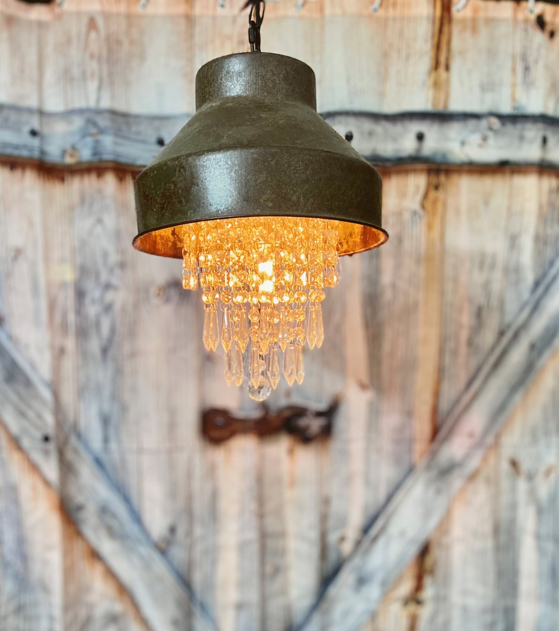 Rustic pendant light made from a vintage milk strainer, a touch of farmhouse glam for the kitchen with crystal chandelier insert