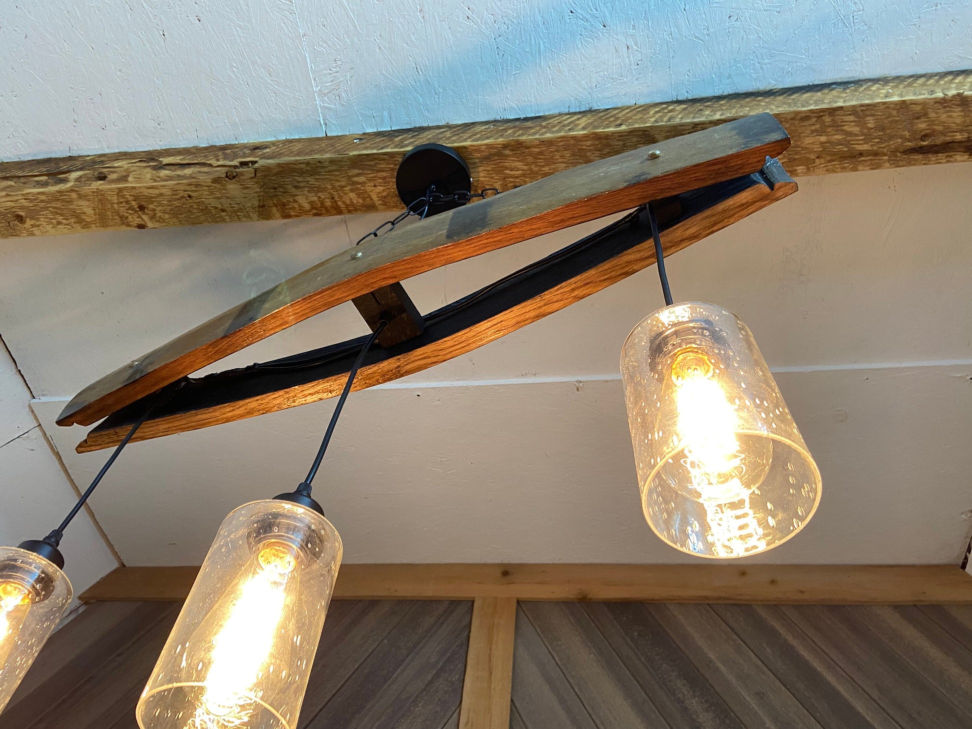 Bourbon barrel chandelier with glass shades, 3 light pendant for bar room, genuine whiskey barrel light for mancave, rustic lighting for dad