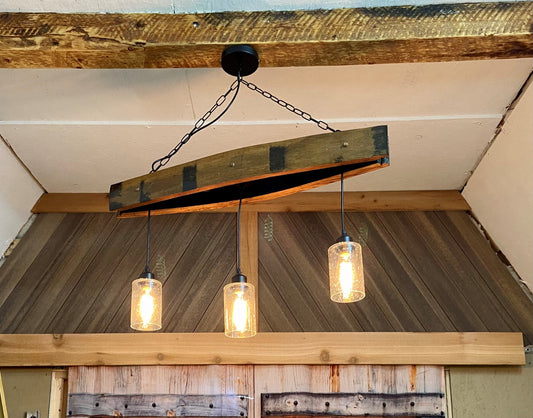 Bourbon barrel chandelier with glass shades, 3 light pendant for bar room, genuine whiskey barrel light for mancave, rustic lighting for dad