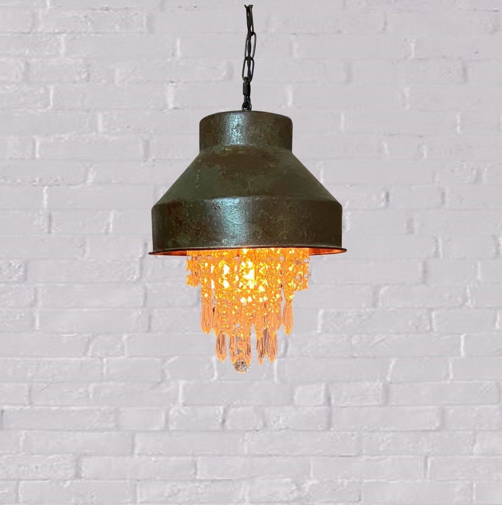 Rustic pendant light made from a vintage milk strainer, a touch of farmhouse glam for the kitchen with crystal chandelier insert