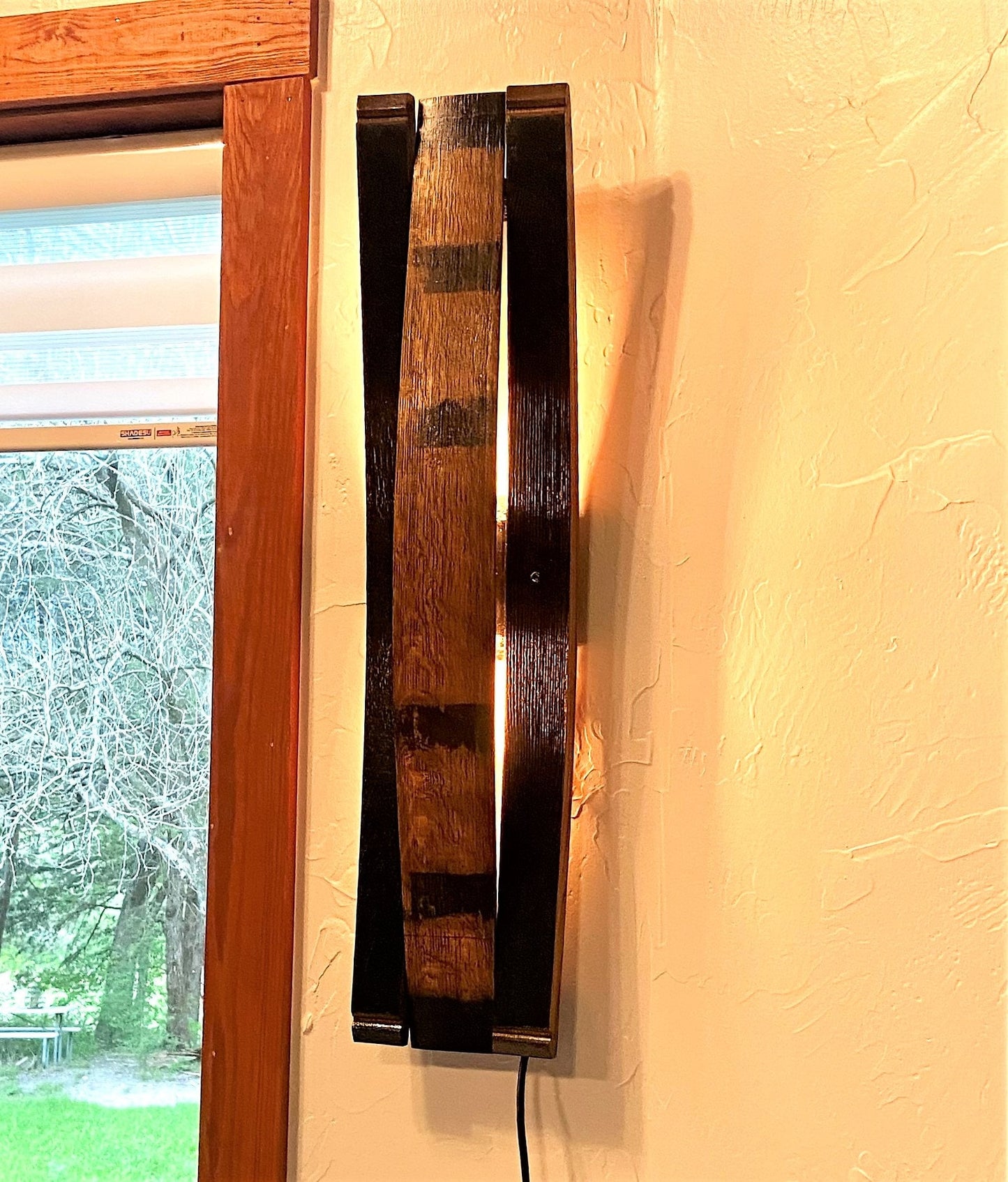 Whiskey barrel stave sconce, rustic lighting for bar room decor, bourbon lovers illuminated wall art perfect for speakeasy or cigar room