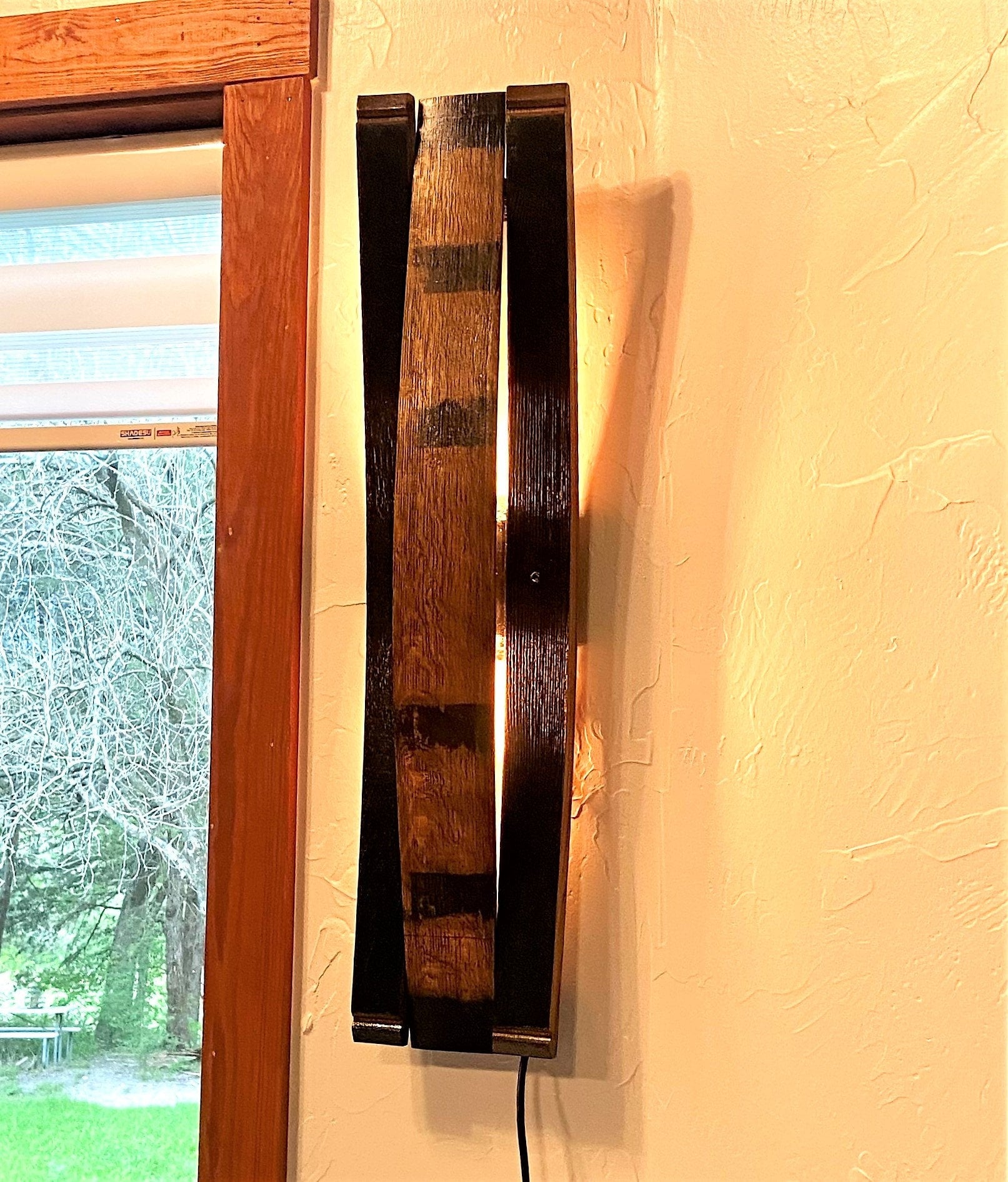 Whiskey barrel stave sconce, rustic lighting for bar room decor, bourbon lovers illuminated wall art perfect for speakeasy or cigar room